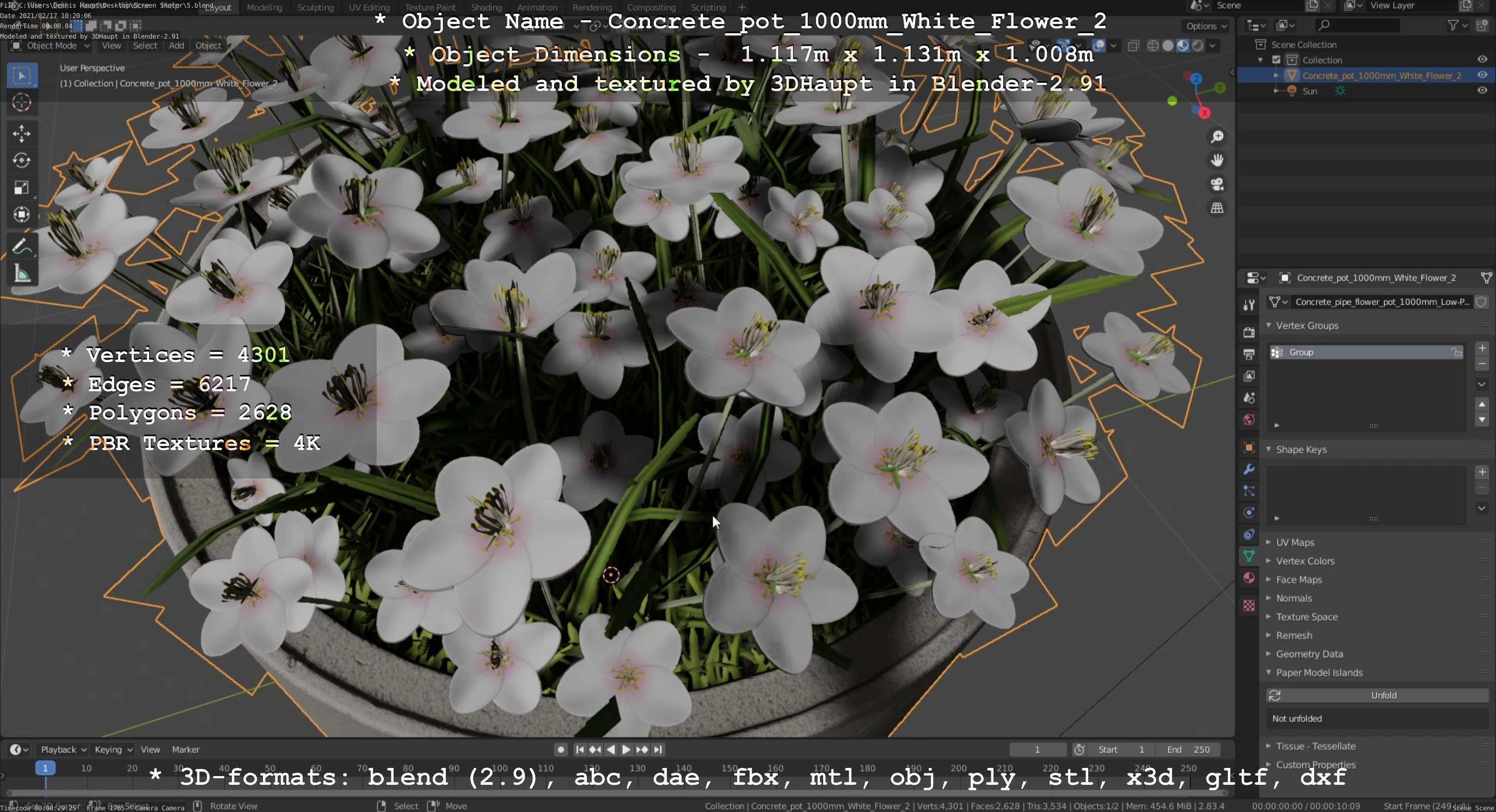 Concrete Pipe Pot 1000mm with White Version 2 Low-poly 3D model_131