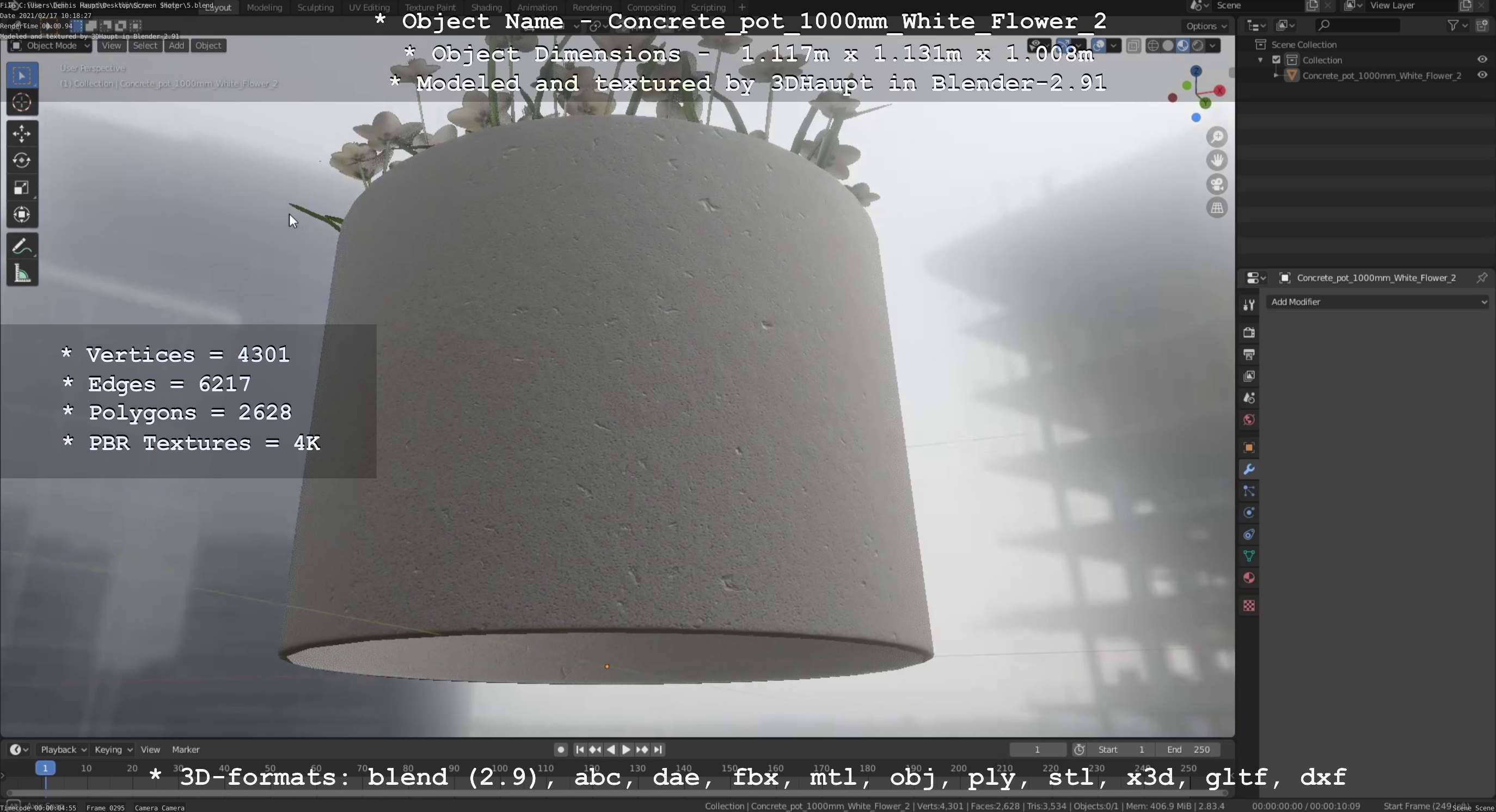 Concrete Pipe Pot 1000mm with White Version 2 Low-poly 3D model_105
