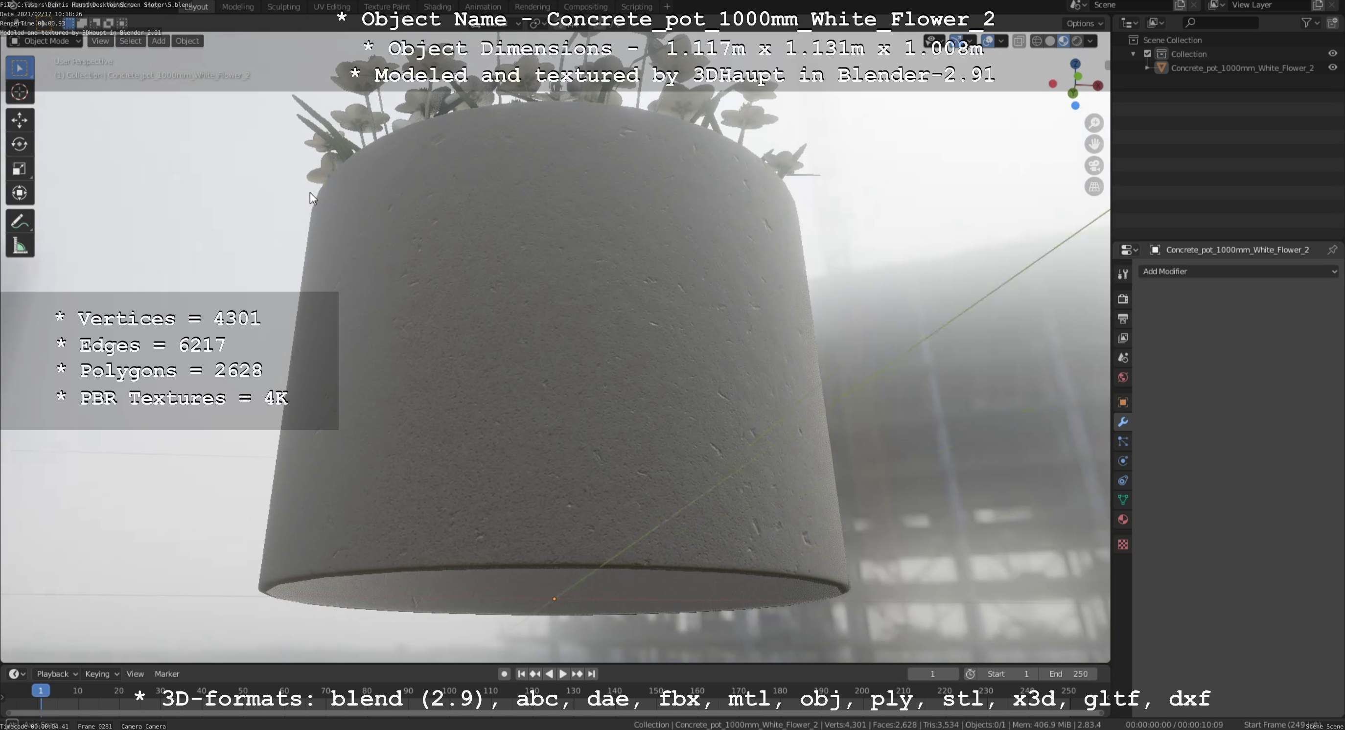 Concrete Pipe Pot 1000mm with White Version 2 Low-poly 3D model_104