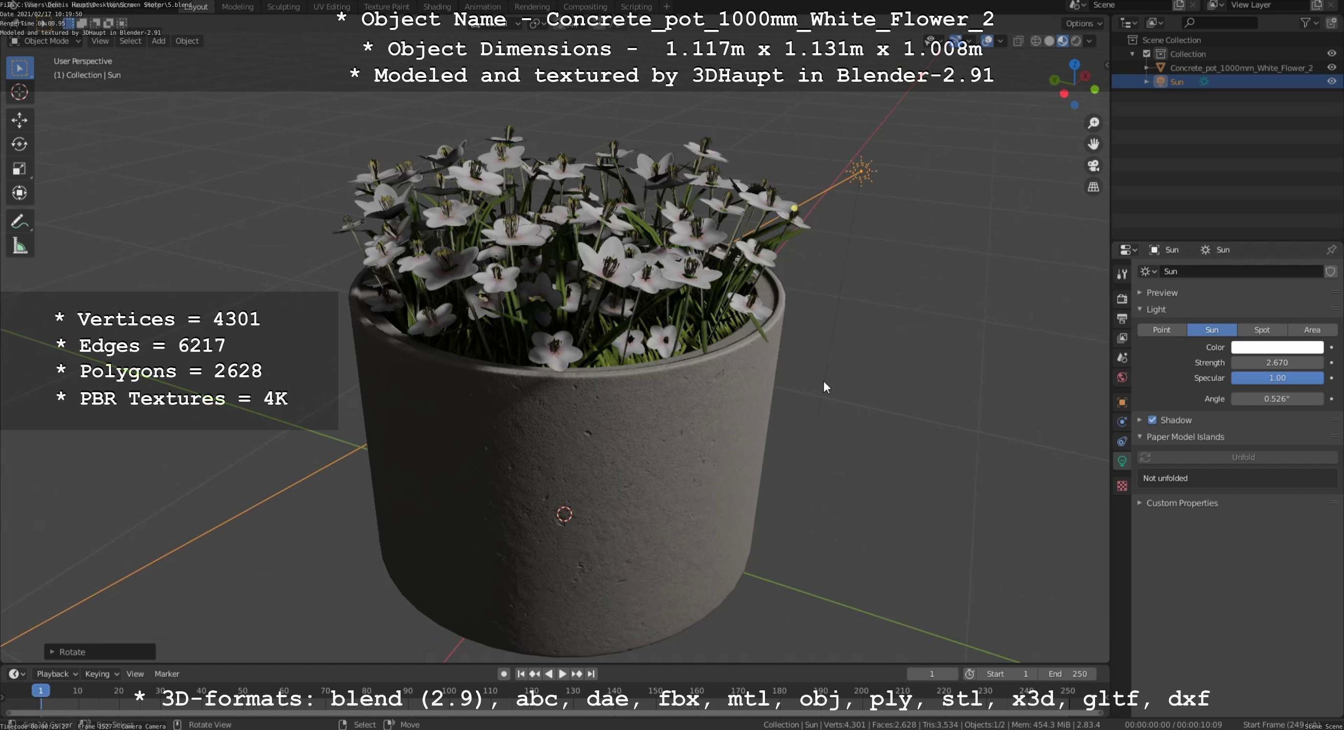 Concrete Pipe Pot 1000mm with White Version 2 Low-poly 3D model_31