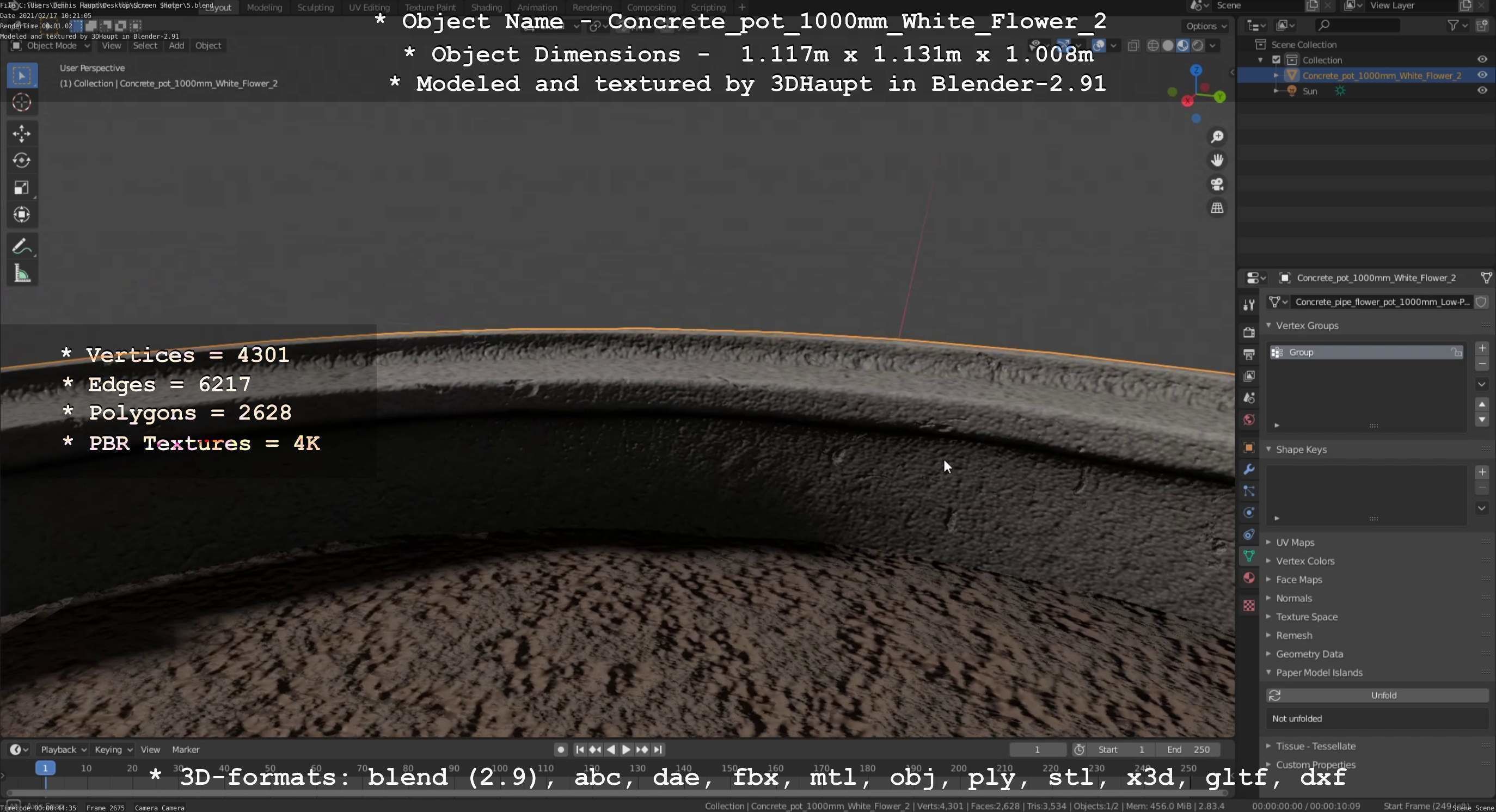 Concrete Pipe Pot 1000mm with White Version 2 Low-poly 3D model_64