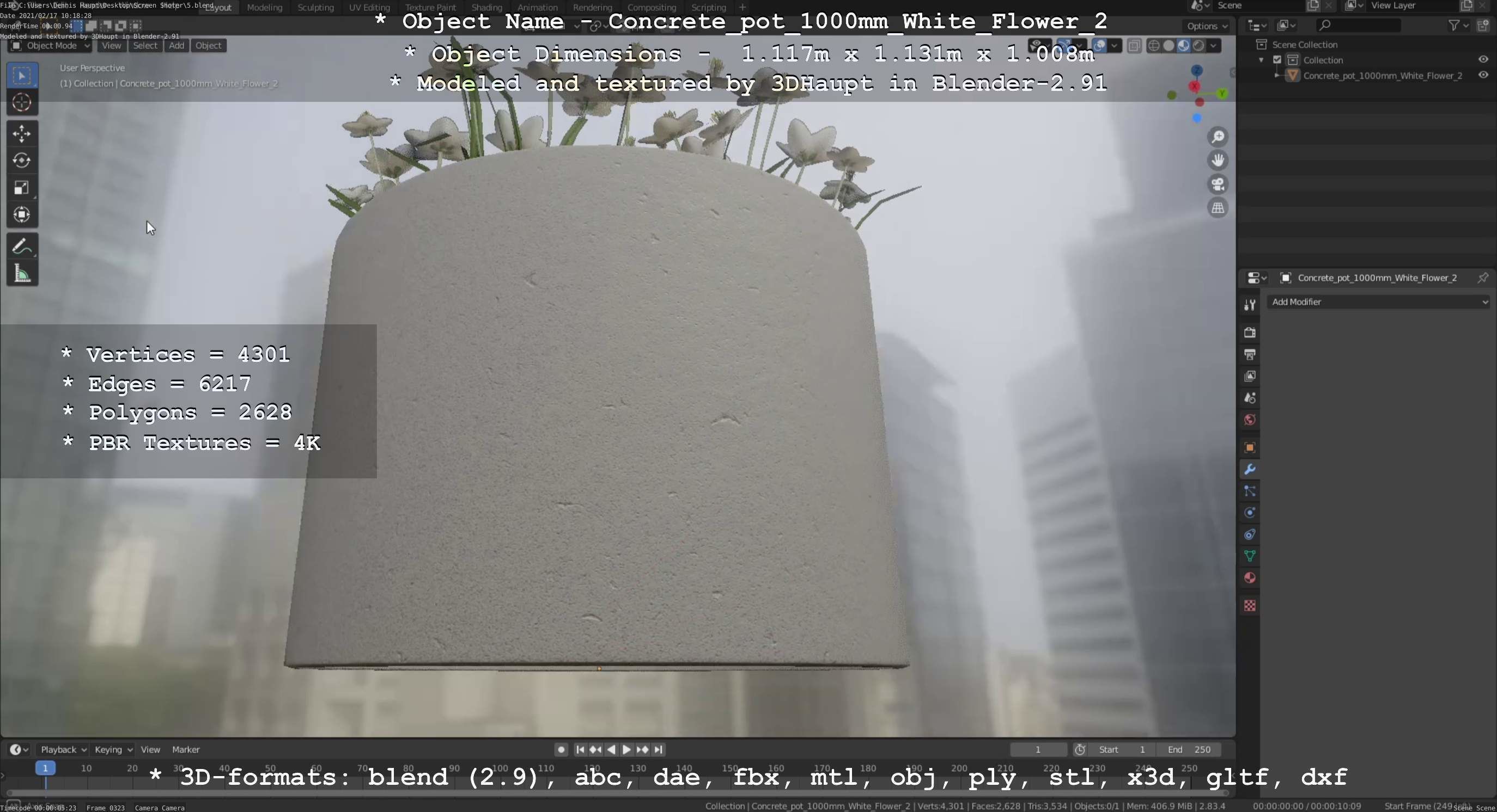 Concrete Pipe Pot 1000mm with White Version 2 Low-poly 3D model_106