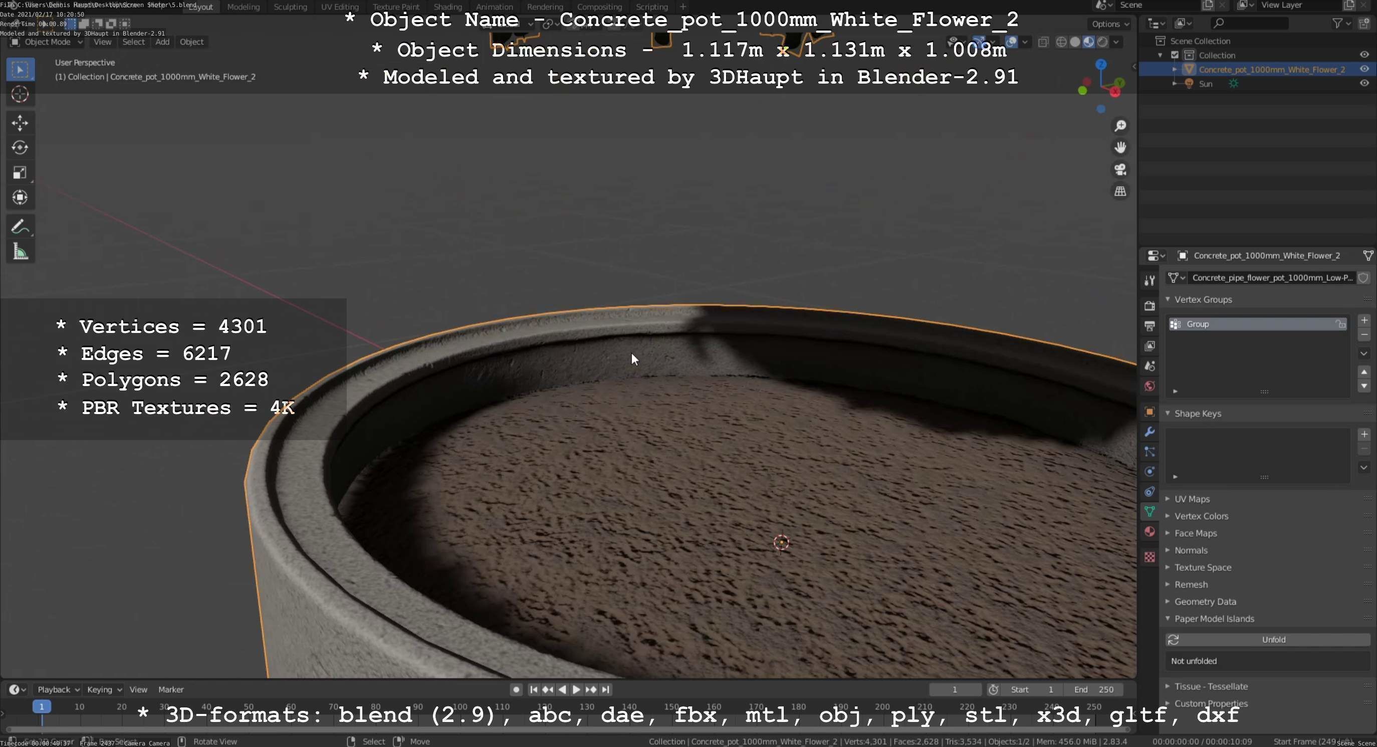 Concrete Pipe Pot 1000mm with White Version 2 Low-poly 3D model_9
