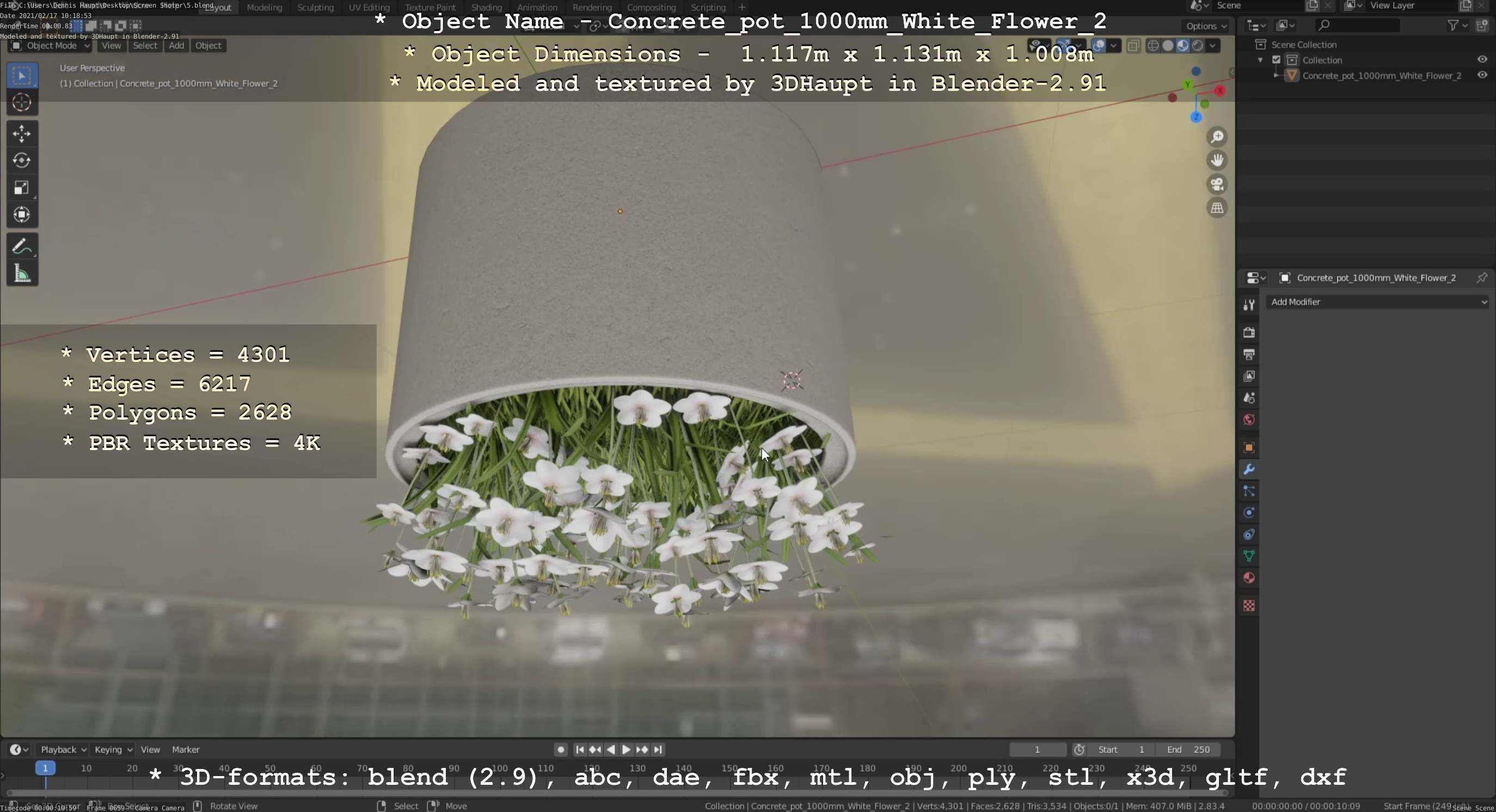 Concrete Pipe Pot 1000mm with White Version 2 Low-poly 3D model_24