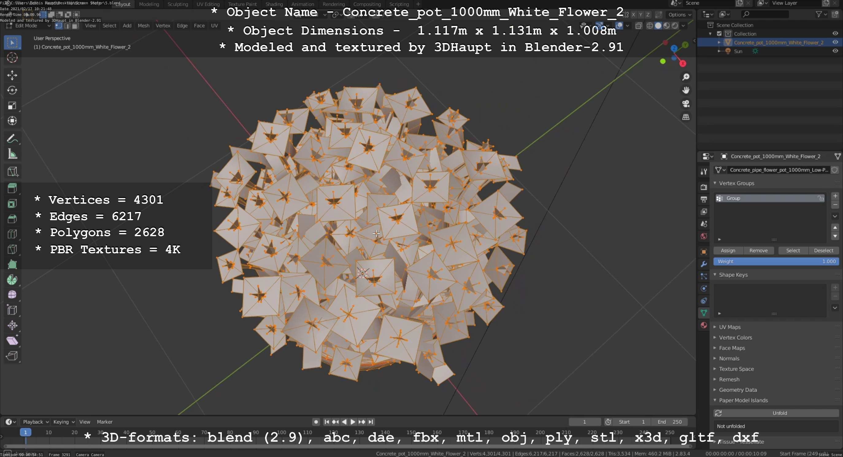 Concrete Pipe Pot 1000mm with White Version 2 Low-poly 3D model_77