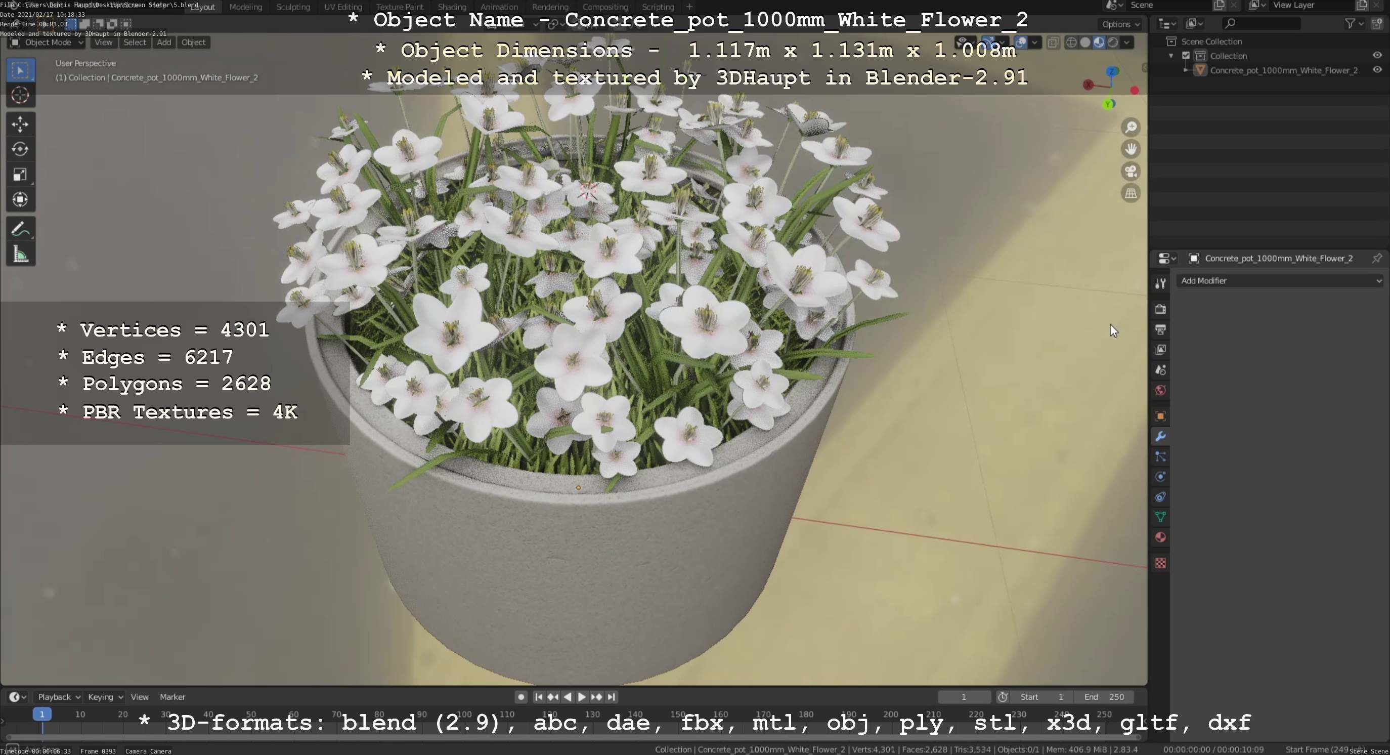 Concrete Pipe Pot 1000mm with White Version 2 Low-poly 3D model_112