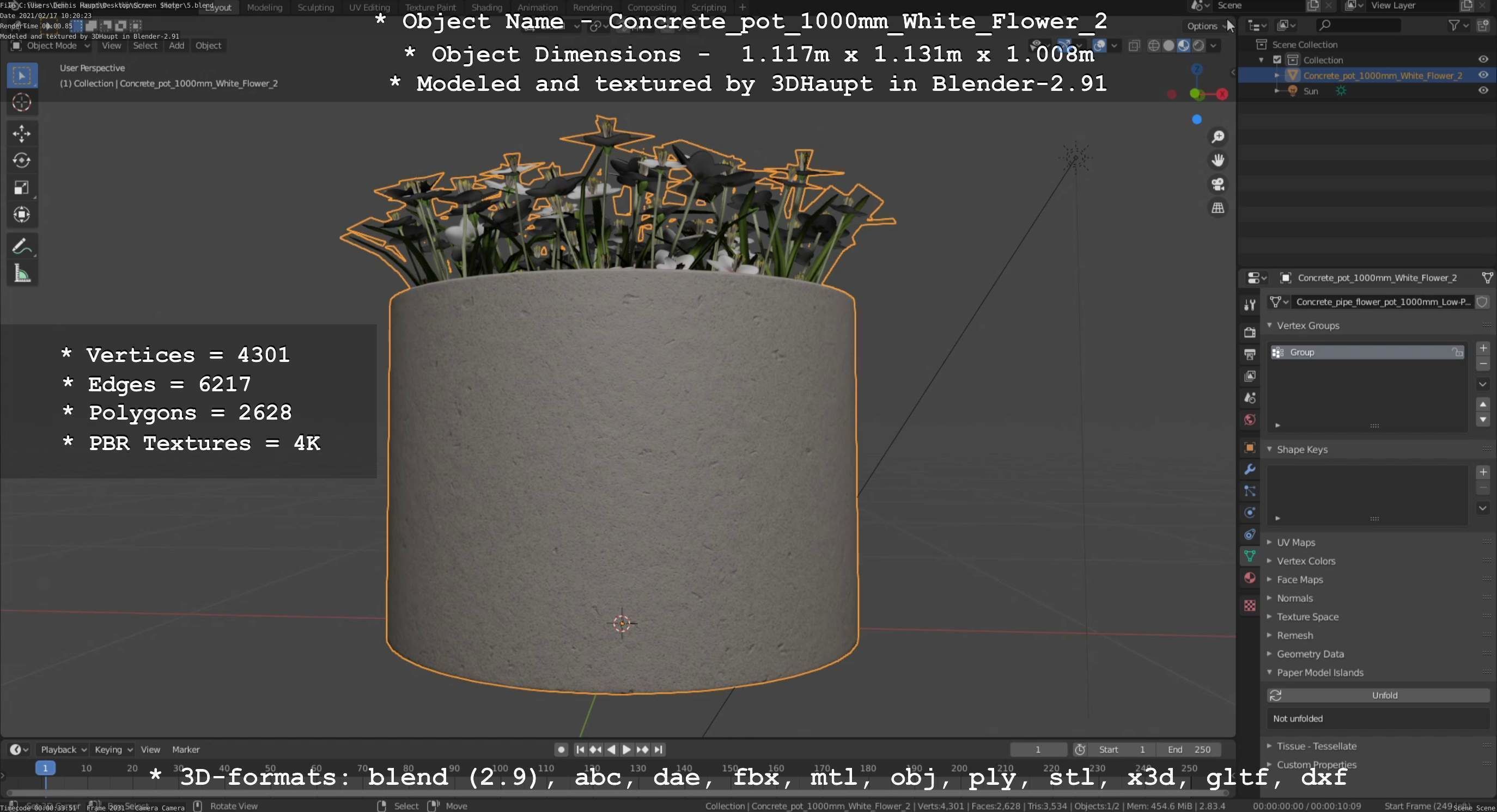 Concrete Pipe Pot 1000mm with White Version 2 Low-poly 3D model_6