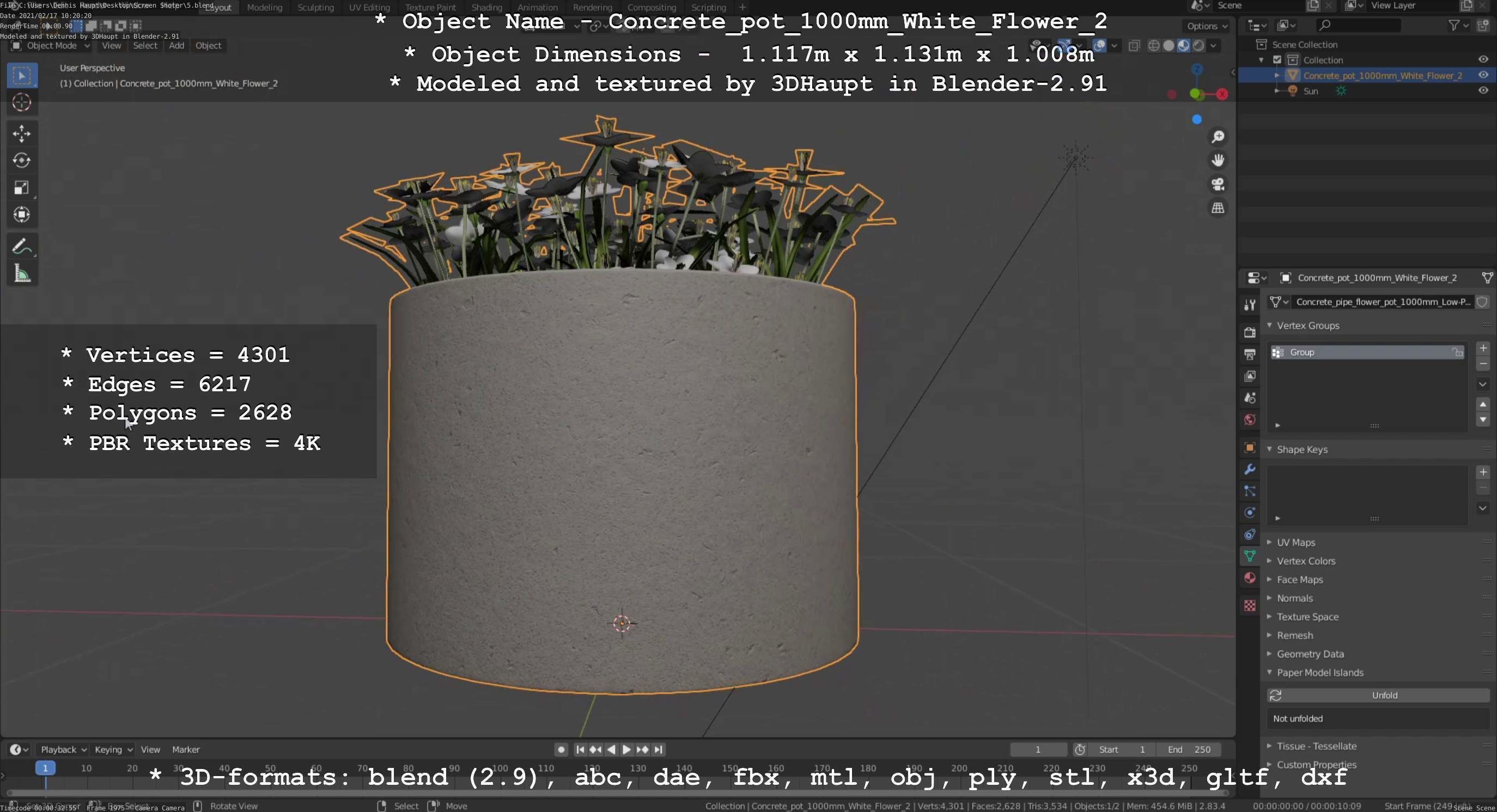 Concrete Pipe Pot 1000mm with White Version 2 Low-poly 3D model_34