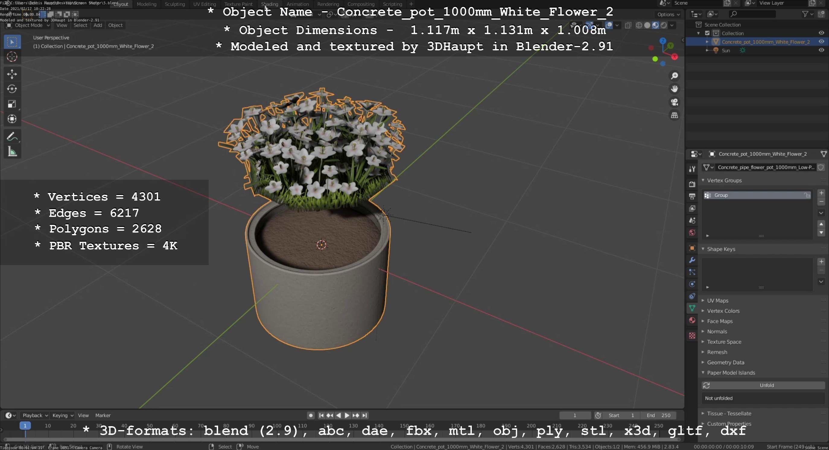 Concrete Pipe Pot 1000mm with White Version 2 Low-poly 3D model_92