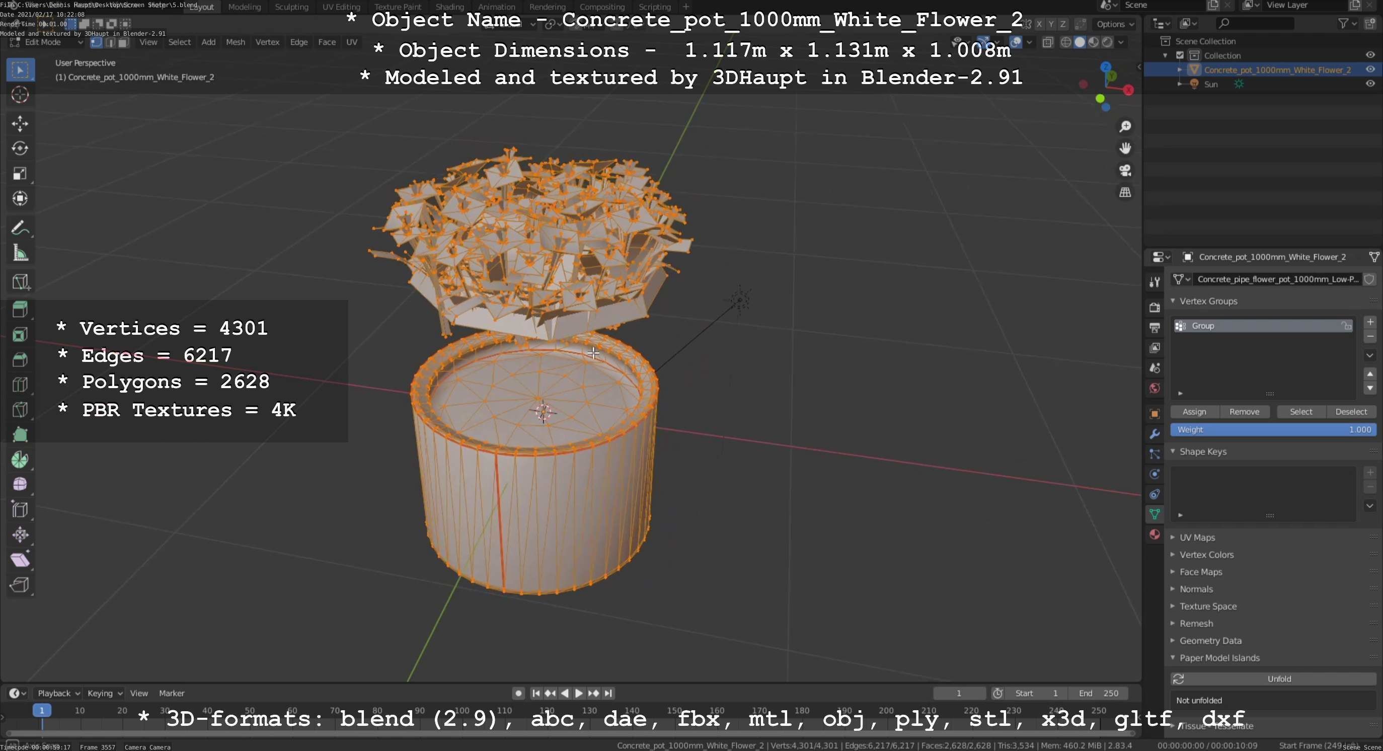Concrete Pipe Pot 1000mm with White Version 2 Low-poly 3D model_95