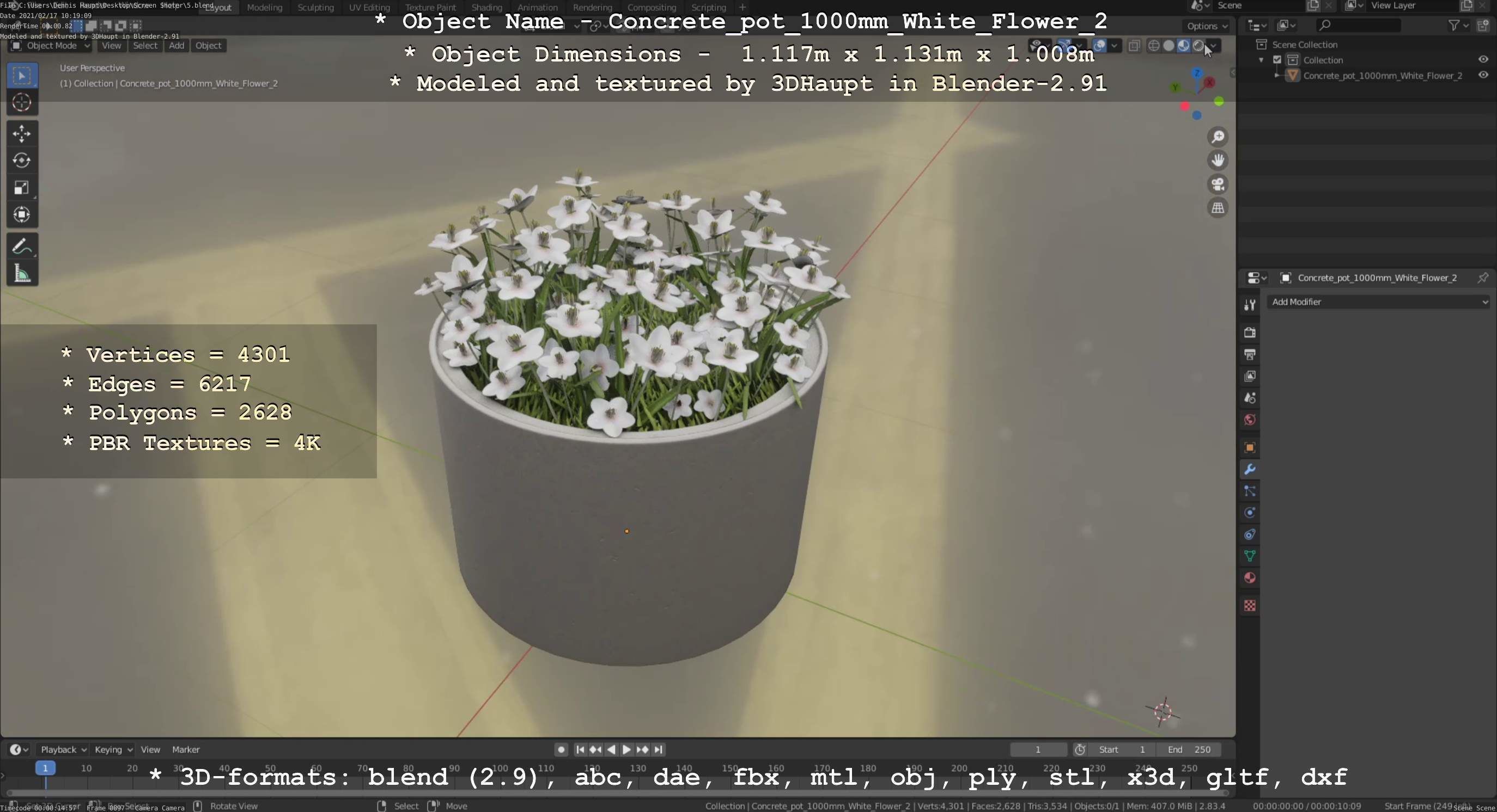 Concrete Pipe Pot 1000mm with White Version 2 Low-poly 3D model_122