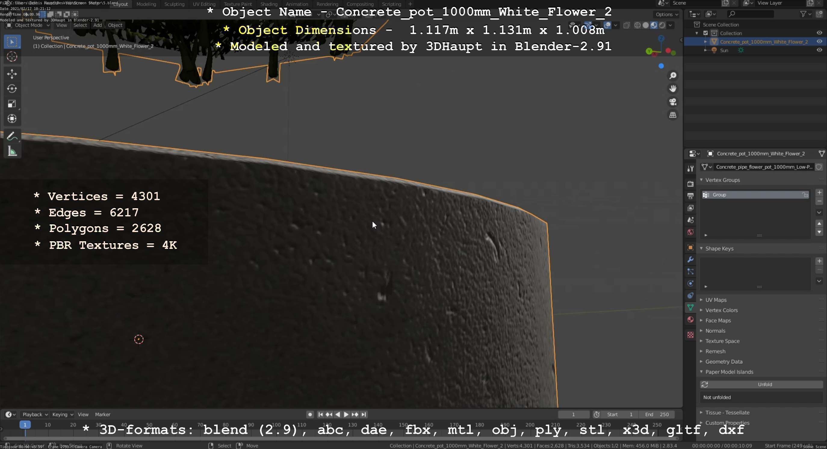 Concrete Pipe Pot 1000mm with White Version 2 Low-poly 3D model_11