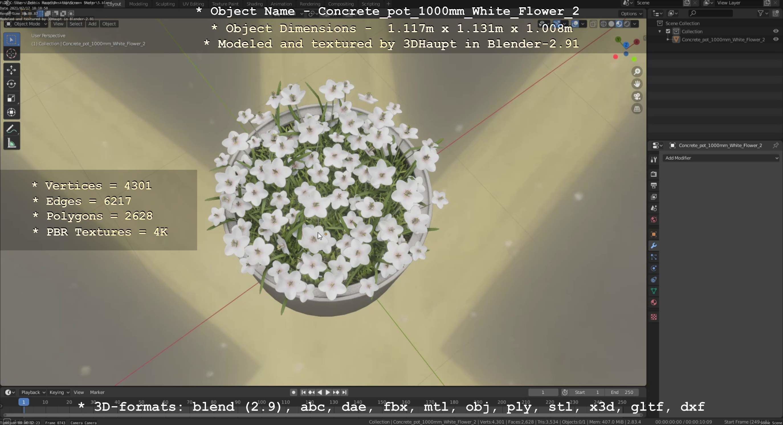 Concrete Pipe Pot 1000mm with White Version 2 Low-poly 3D model_119