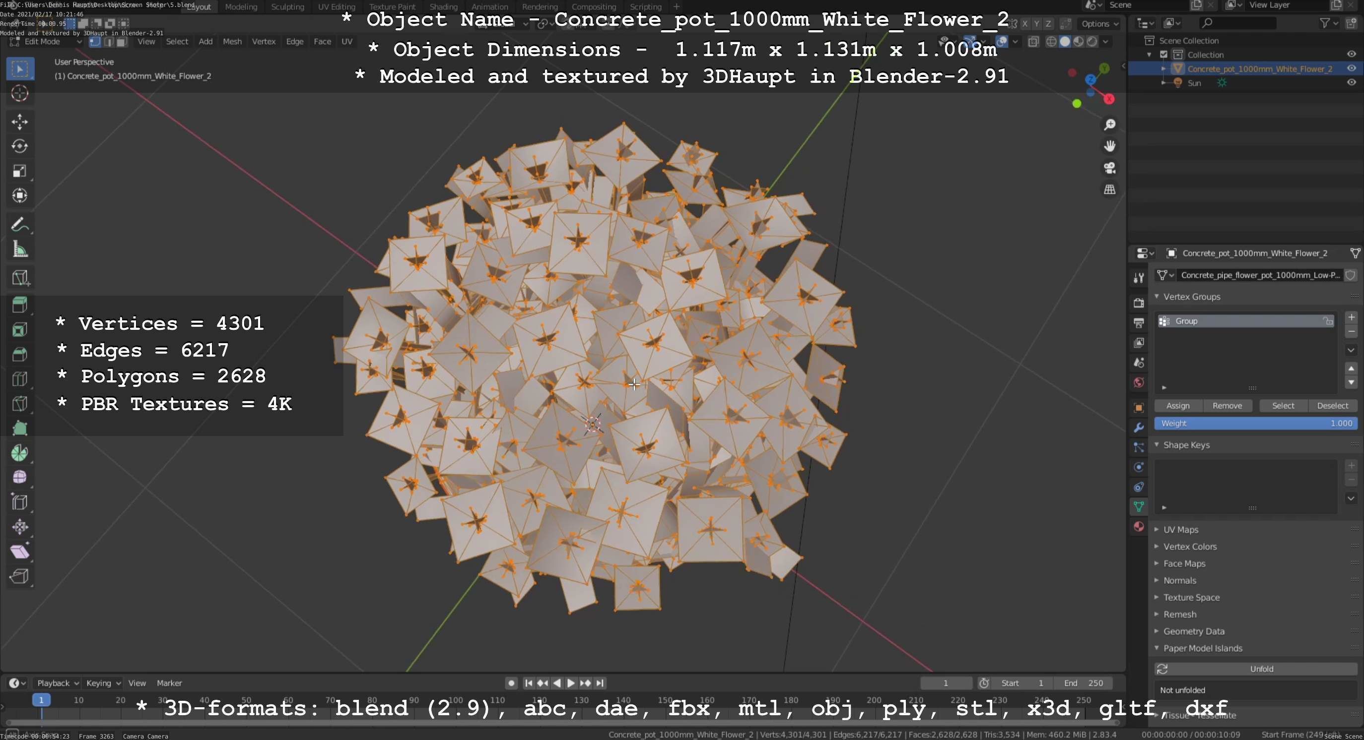 Concrete Pipe Pot 1000mm with White Version 2 Low-poly 3D model_83