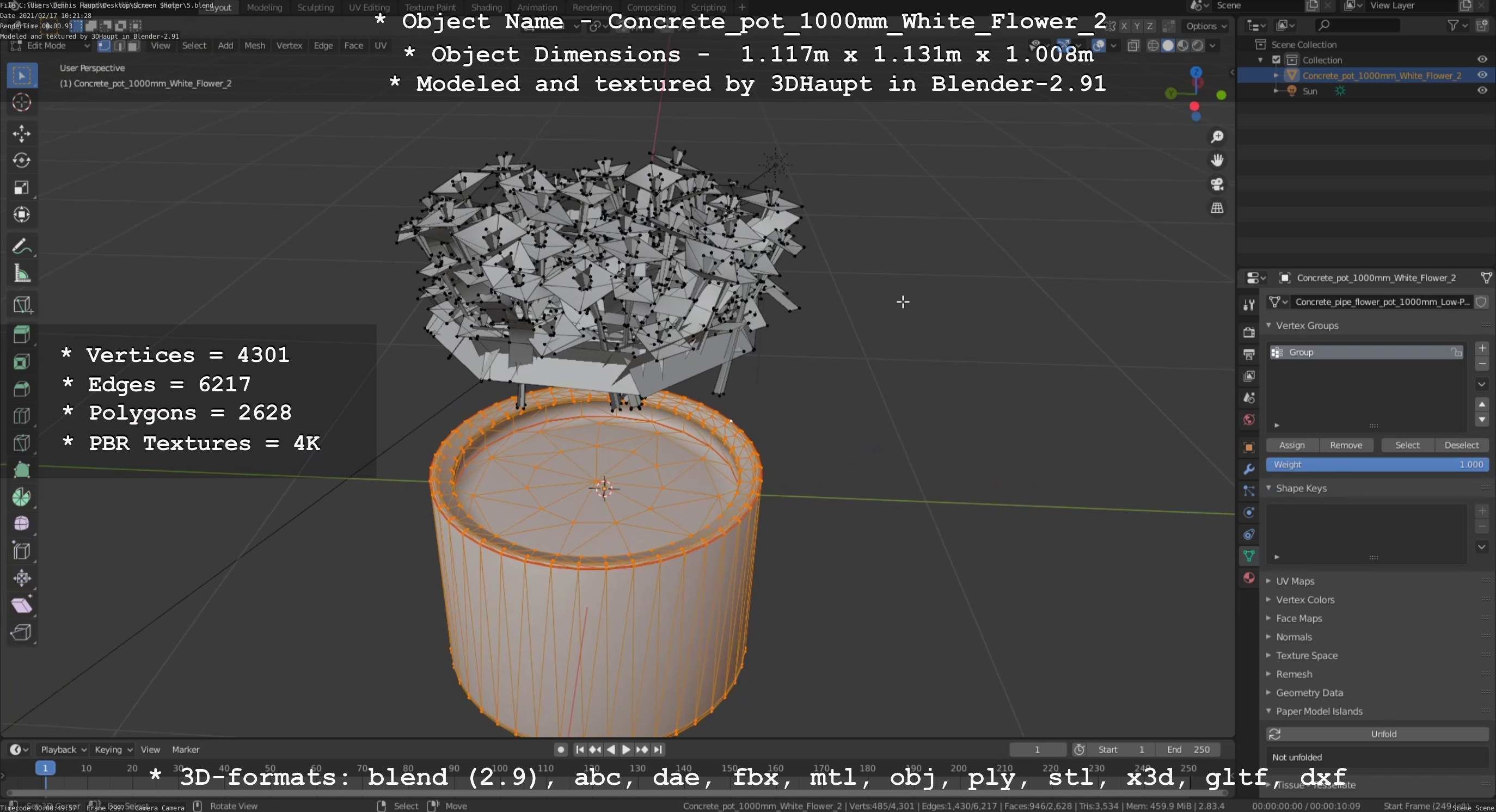 Concrete Pipe Pot 1000mm with White Version 2 Low-poly 3D model_14
