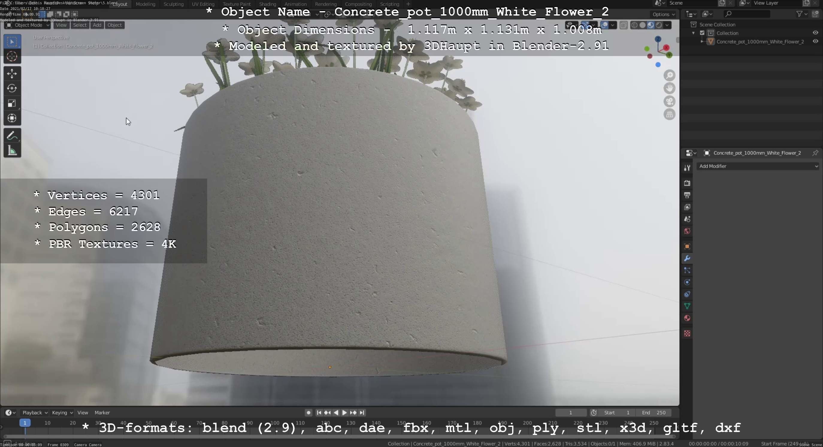 Concrete Pipe Pot 1000mm with White Version 2 Low-poly 3D model_107
