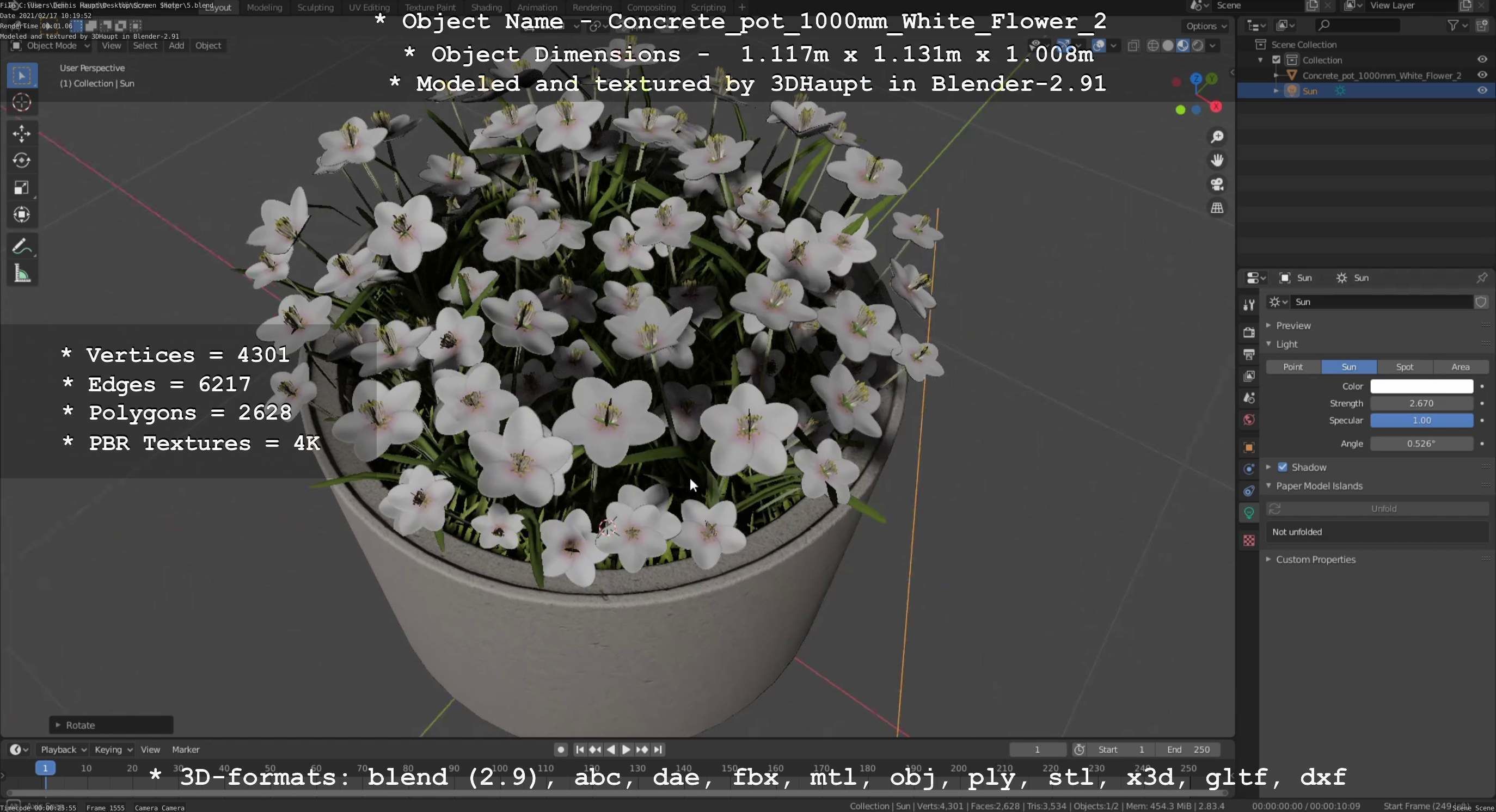 Concrete Pipe Pot 1000mm with White Version 2 Low-poly 3D model_32