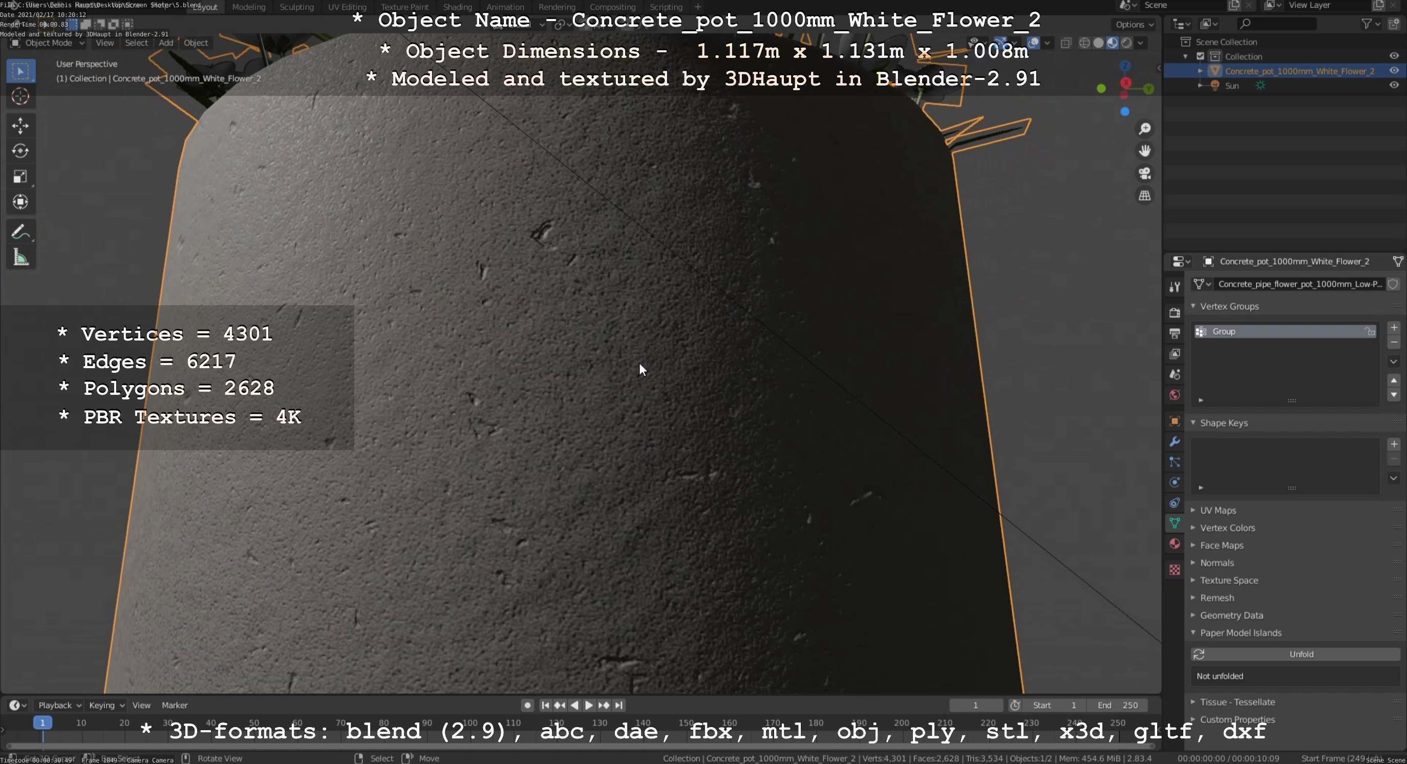 Concrete Pipe Pot 1000mm with White Version 2 Low-poly 3D model_129