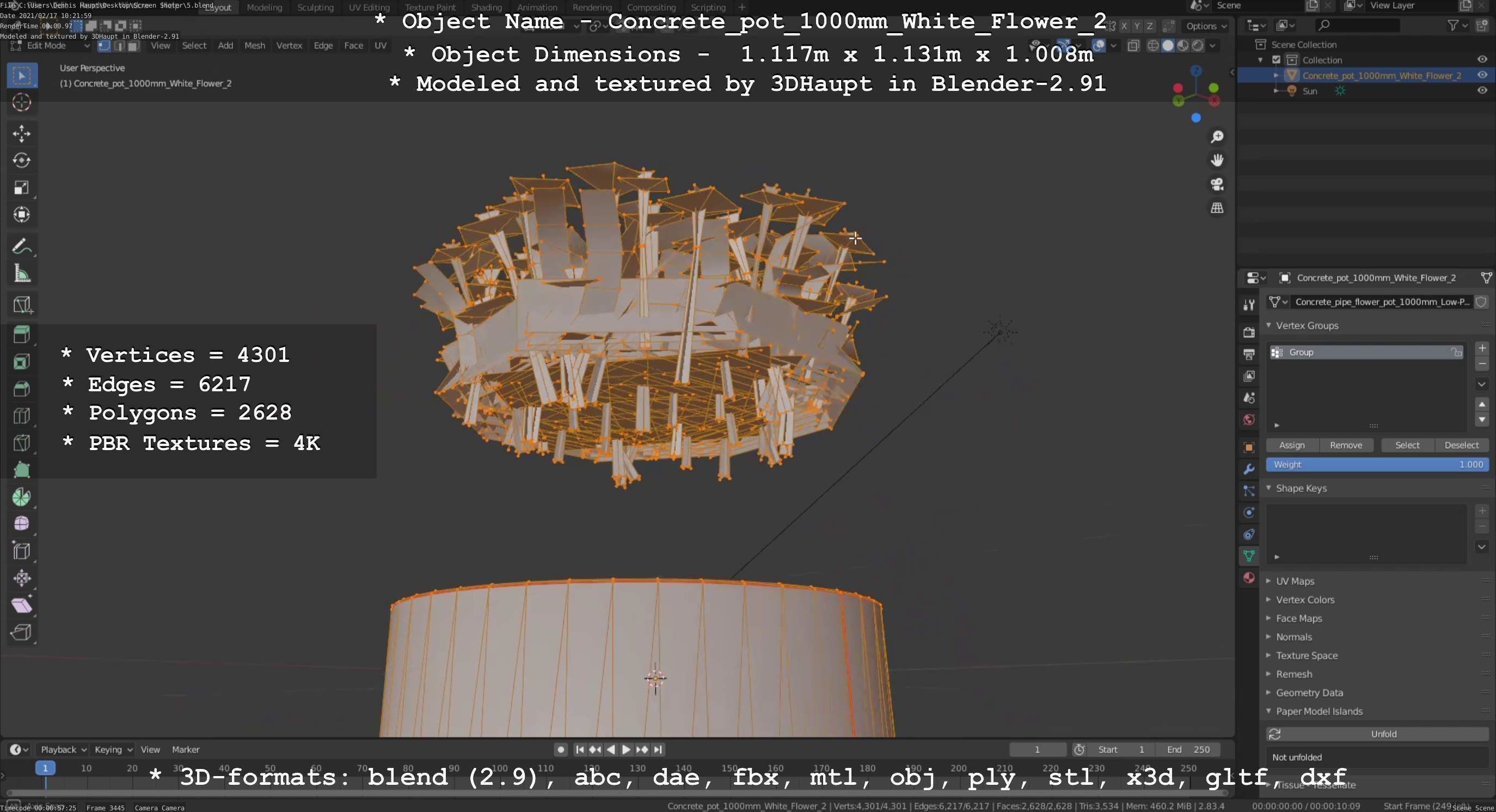 Concrete Pipe Pot 1000mm with White Version 2 Low-poly 3D model_85