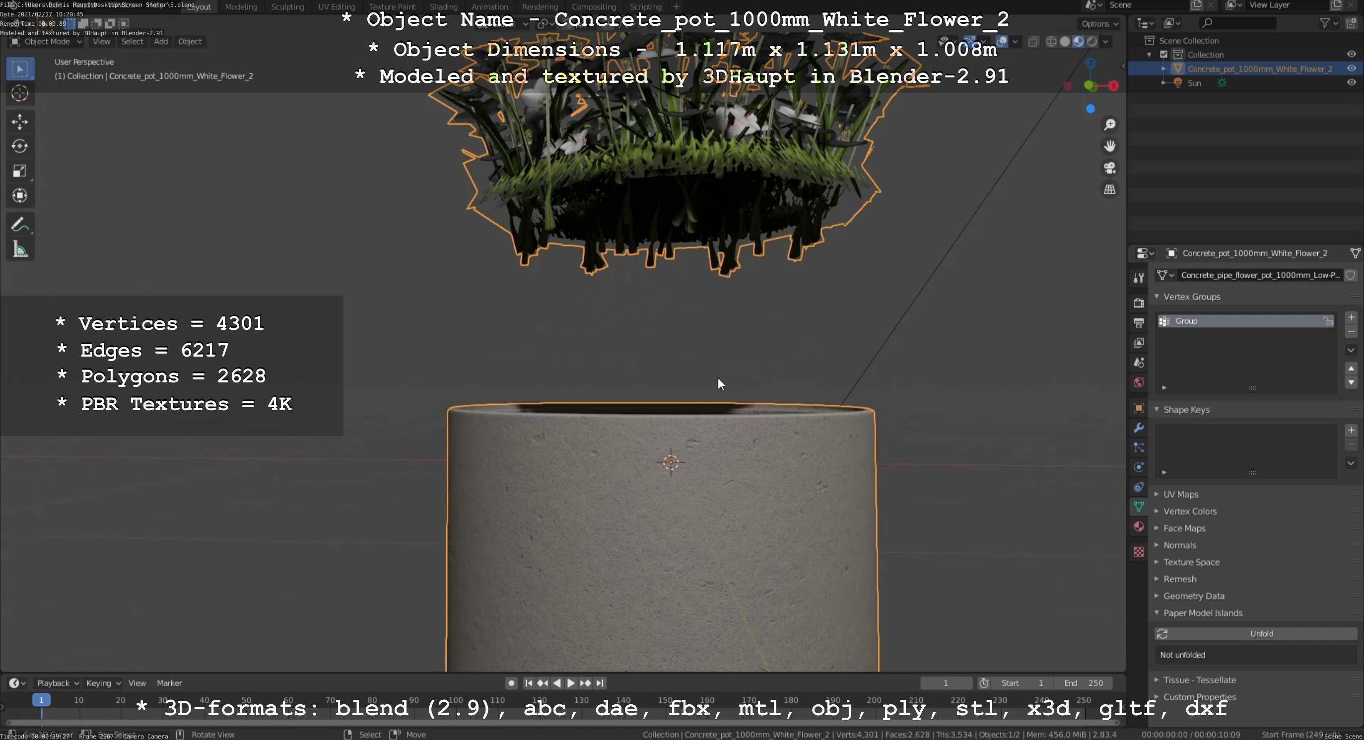 Concrete Pipe Pot 1000mm with White Version 2 Low-poly 3D model_46