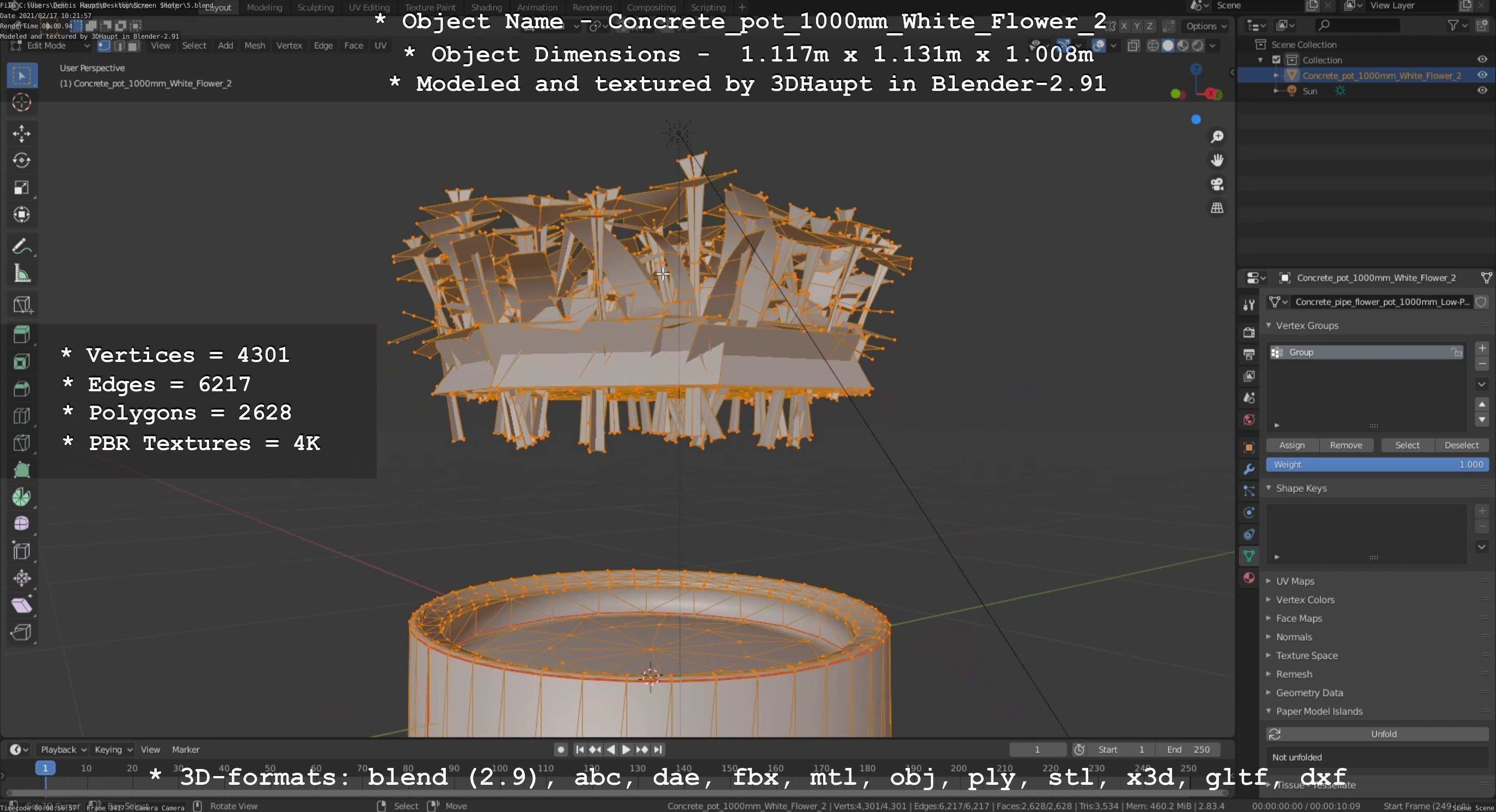 Concrete Pipe Pot 1000mm with White Version 2 Low-poly 3D model_18
