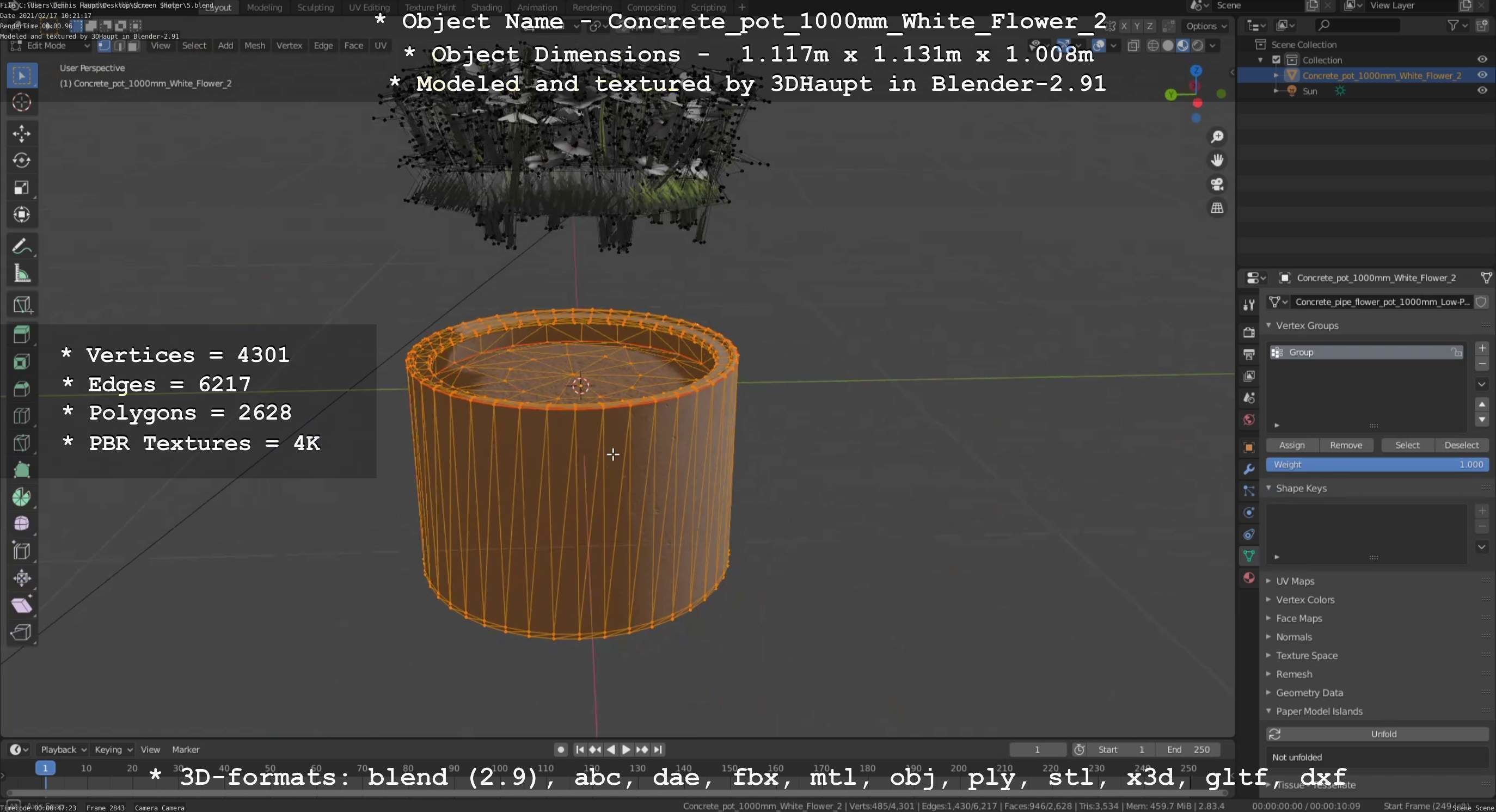 Concrete Pipe Pot 1000mm with White Version 2 Low-poly 3D model_65