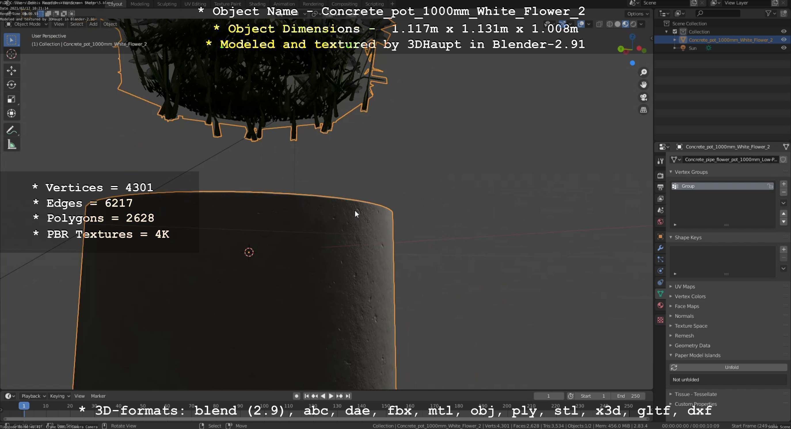 Concrete Pipe Pot 1000mm with White Version 2 Low-poly 3D model_59