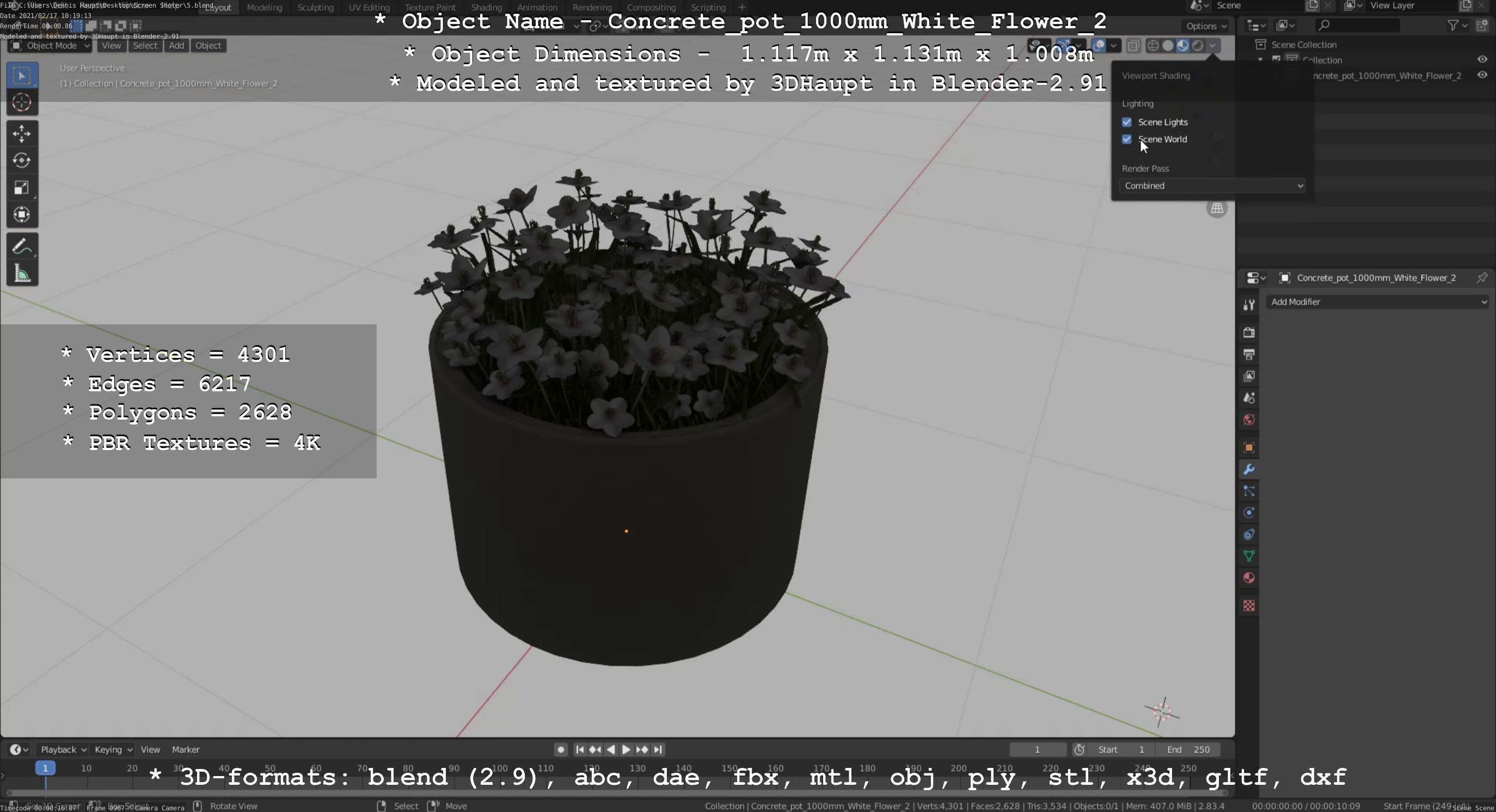 Concrete Pipe Pot 1000mm with White Version 2 Low-poly 3D model_28