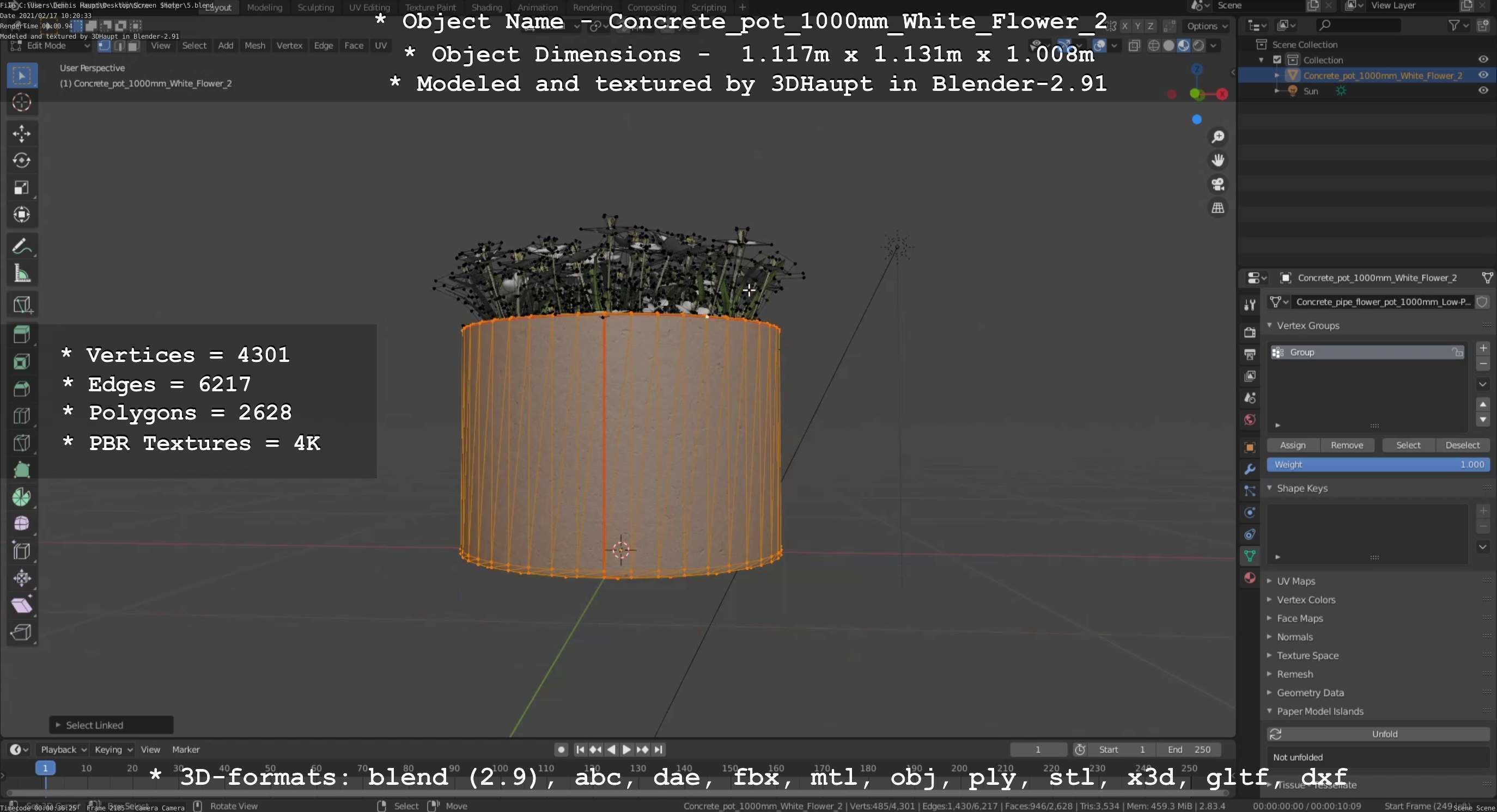 Concrete Pipe Pot 1000mm with White Version 2 Low-poly 3D model_41