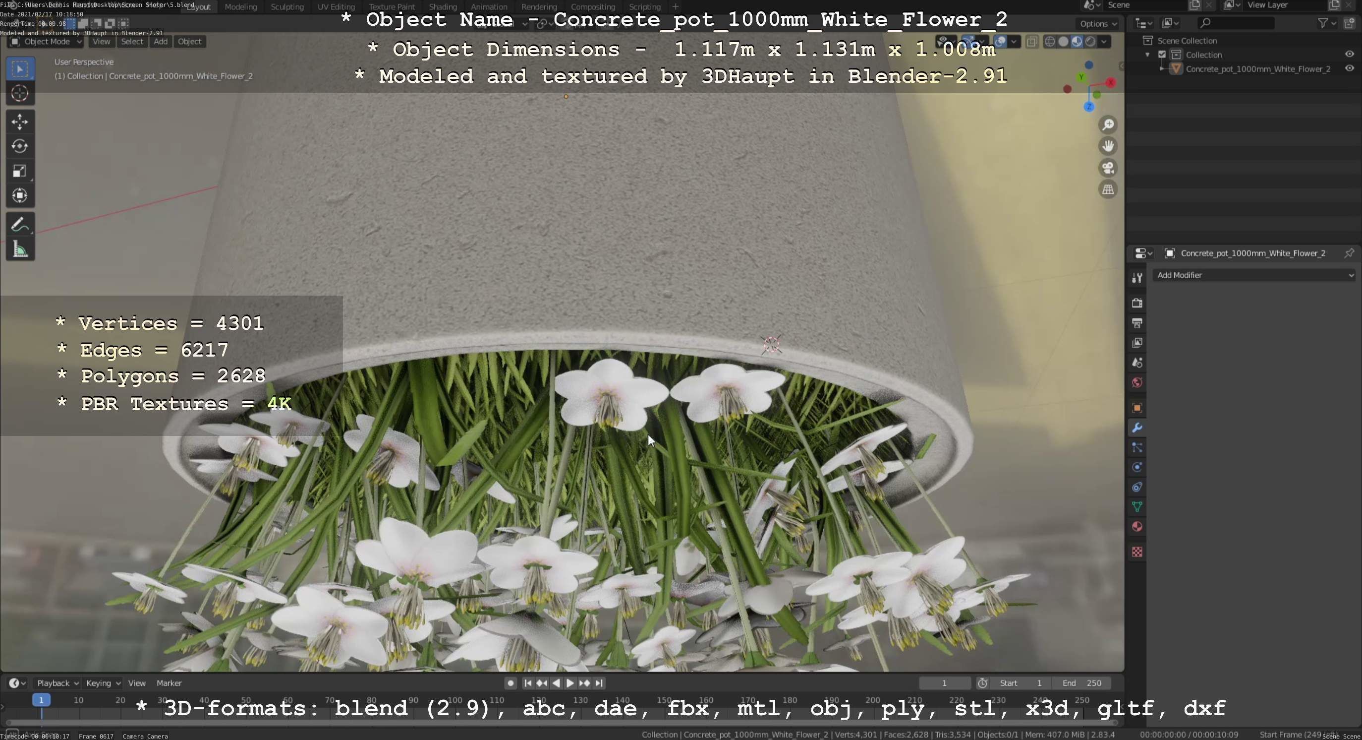 Concrete Pipe Pot 1000mm with White Version 2 Low-poly 3D model_117