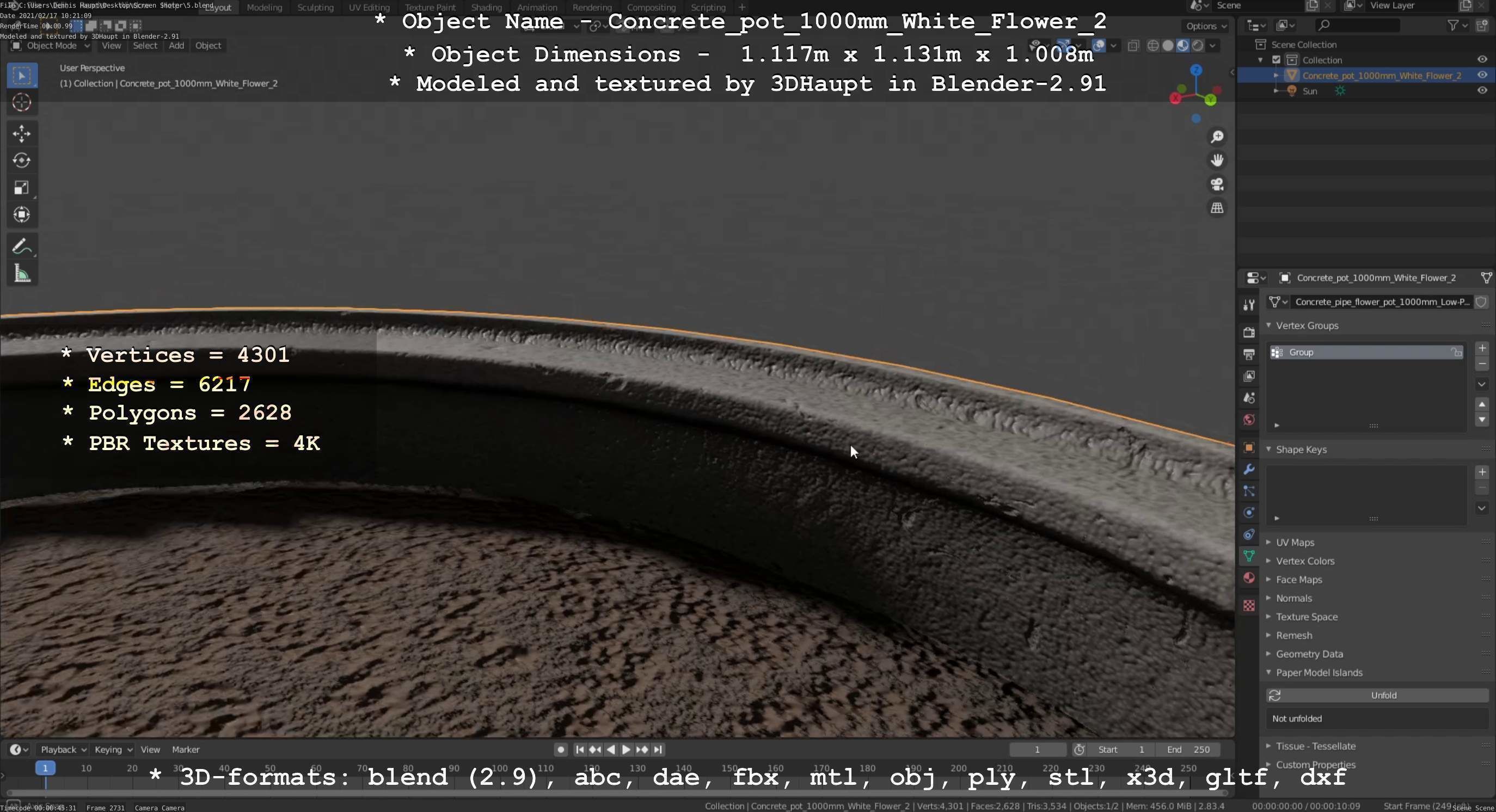 Concrete Pipe Pot 1000mm with White Version 2 Low-poly 3D model_56