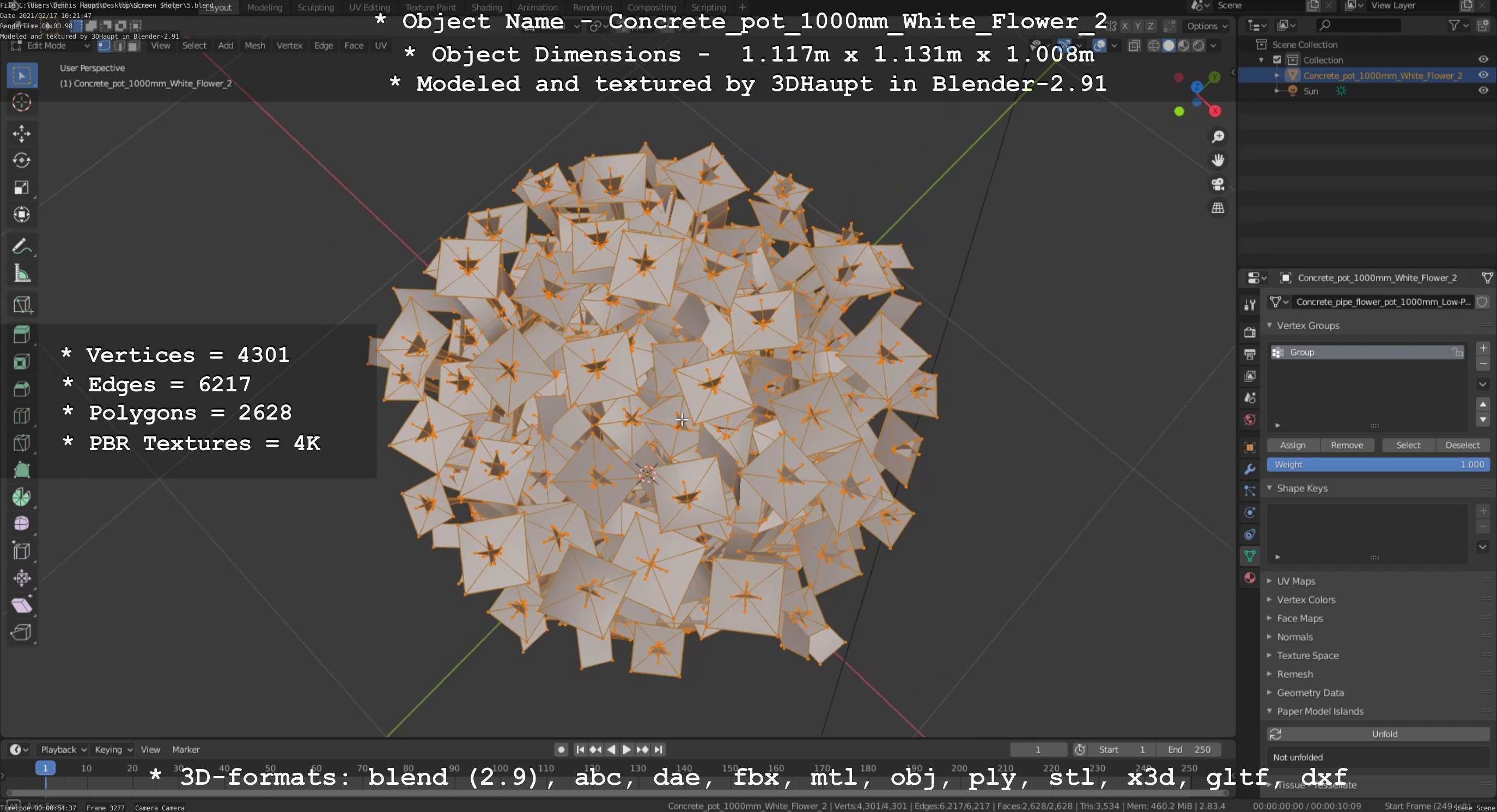 Concrete Pipe Pot 1000mm with White Version 2 Low-poly 3D model_79