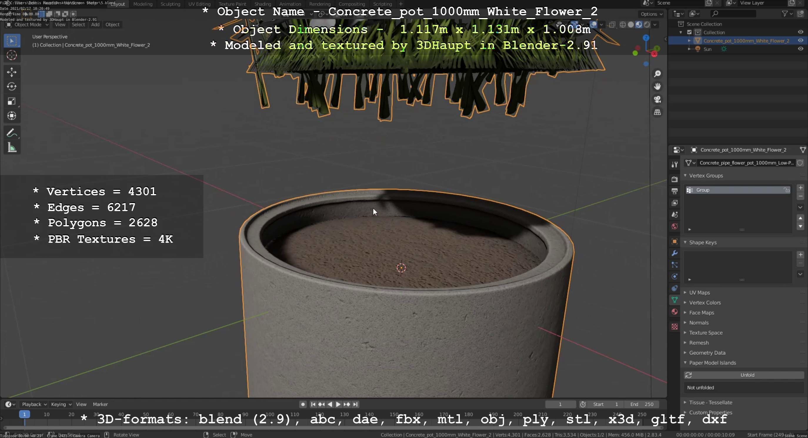 Concrete Pipe Pot 1000mm with White Version 2 Low-poly 3D model_49