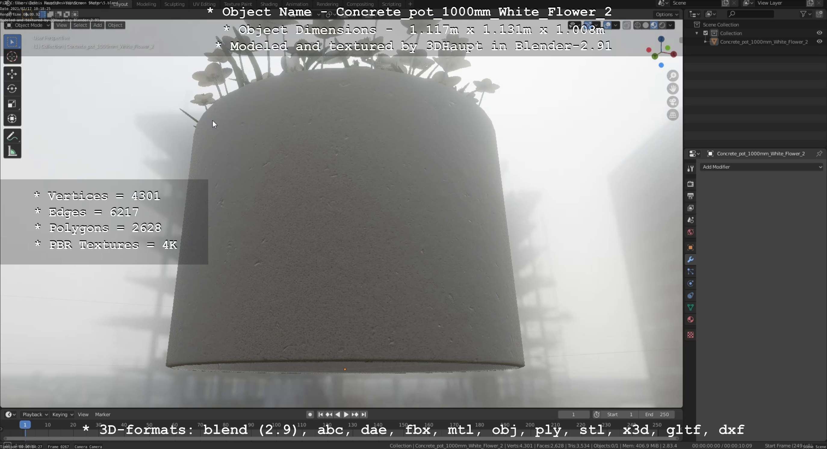Concrete Pipe Pot 1000mm with White Version 2 Low-poly 3D model_25