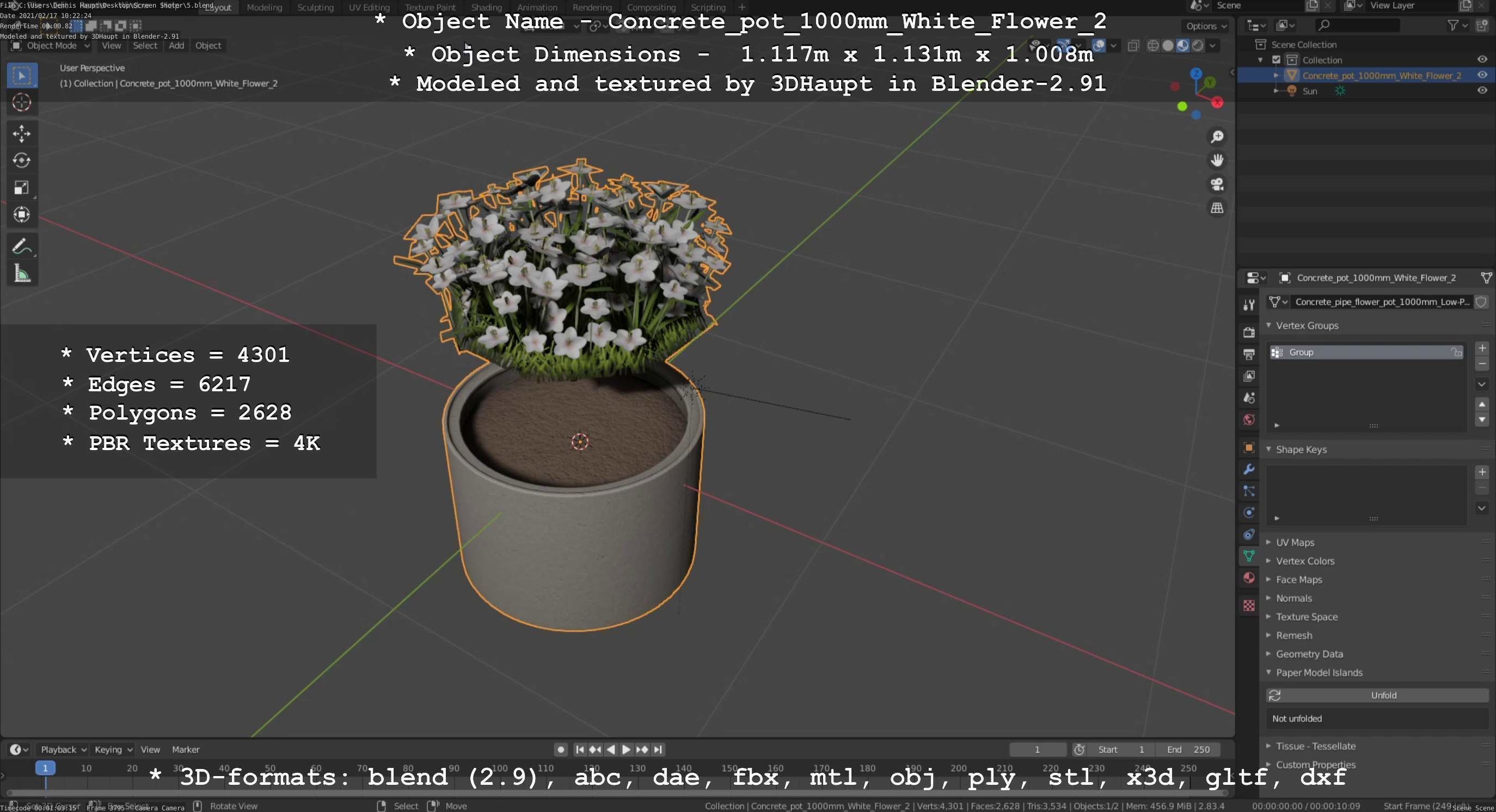 Concrete Pipe Pot 1000mm with White Version 2 Low-poly 3D model_84