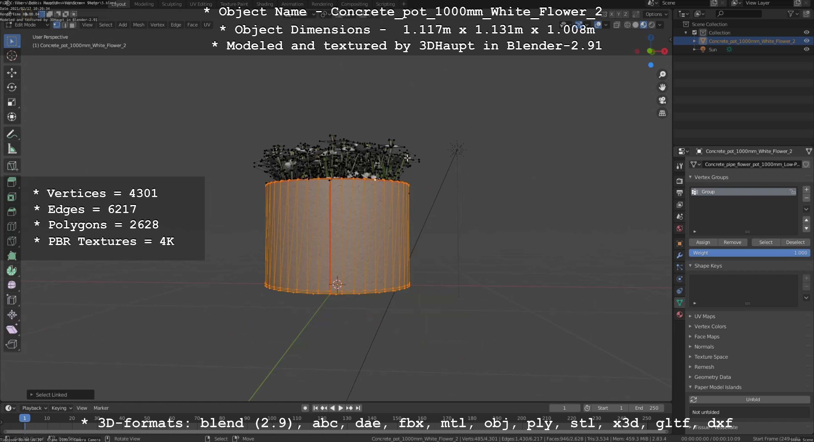 Concrete Pipe Pot 1000mm with White Version 2 Low-poly 3D model_50