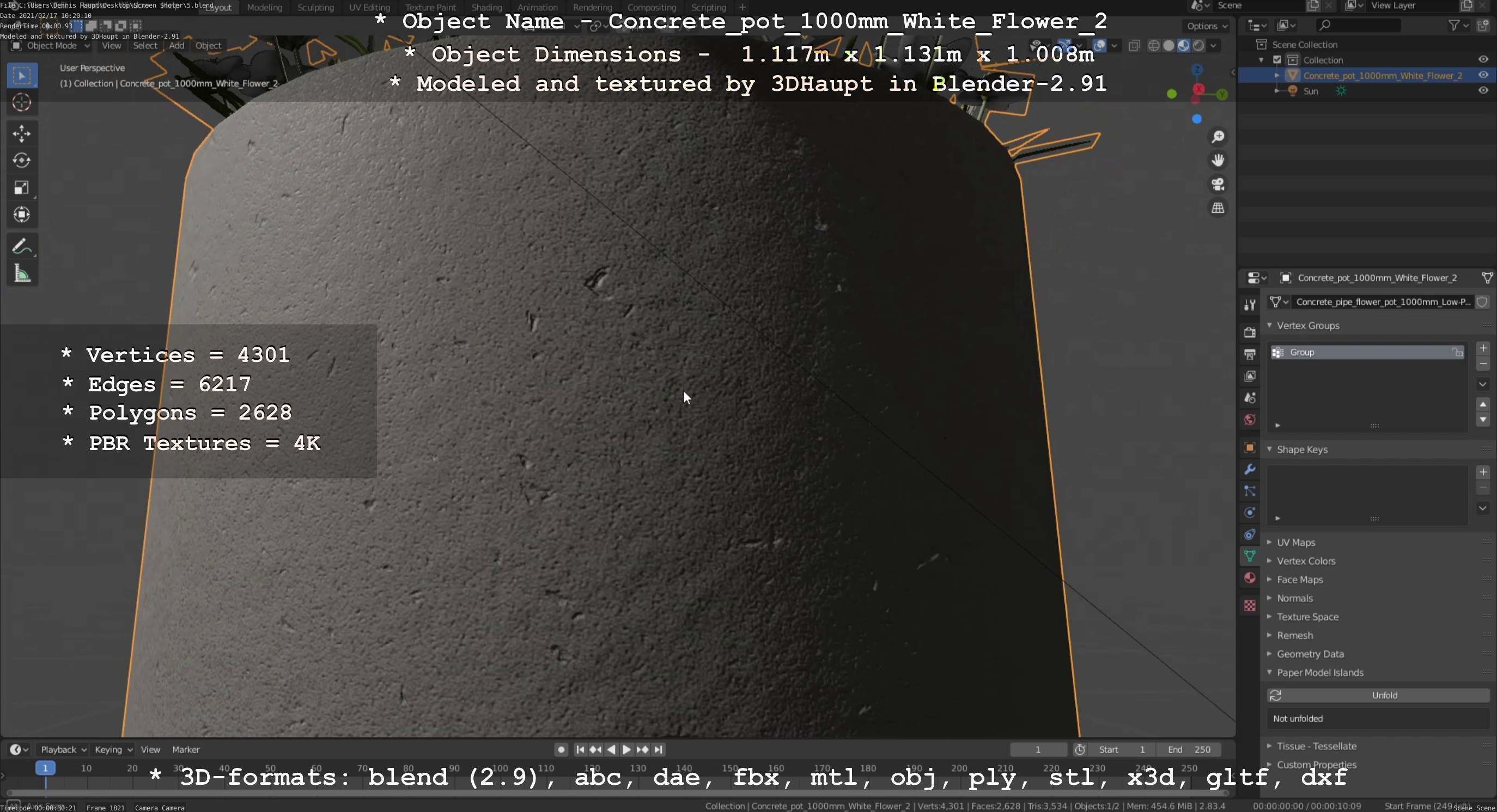 Concrete Pipe Pot 1000mm with White Version 2 Low-poly 3D model_132