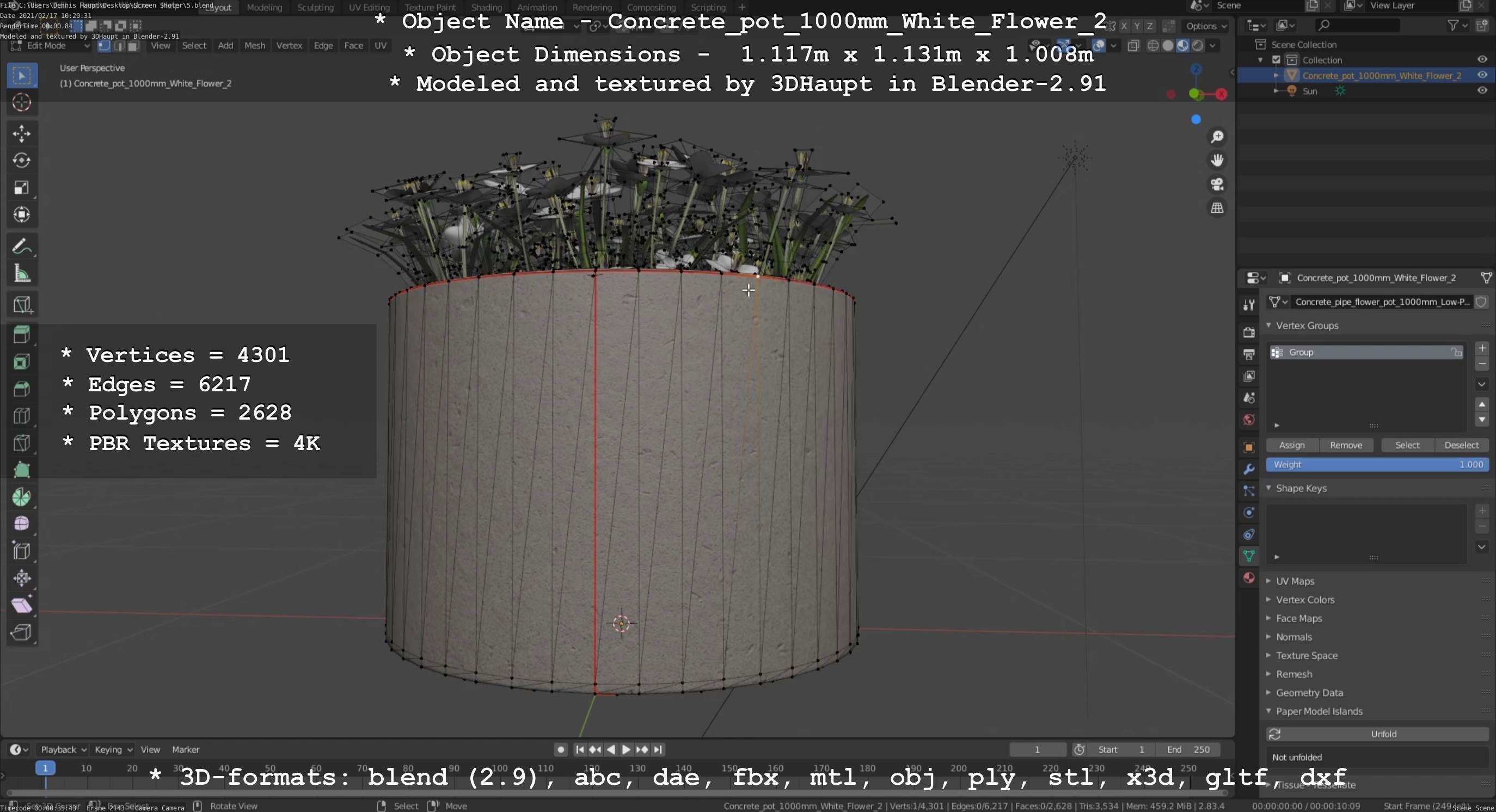 Concrete Pipe Pot 1000mm with White Version 2 Low-poly 3D model_47