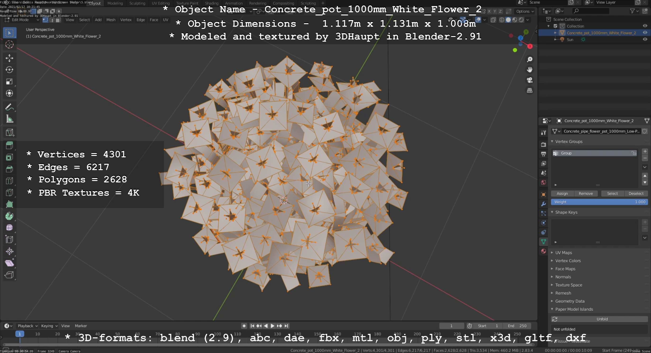 Concrete Pipe Pot 1000mm with White Version 2 Low-poly 3D model_75
