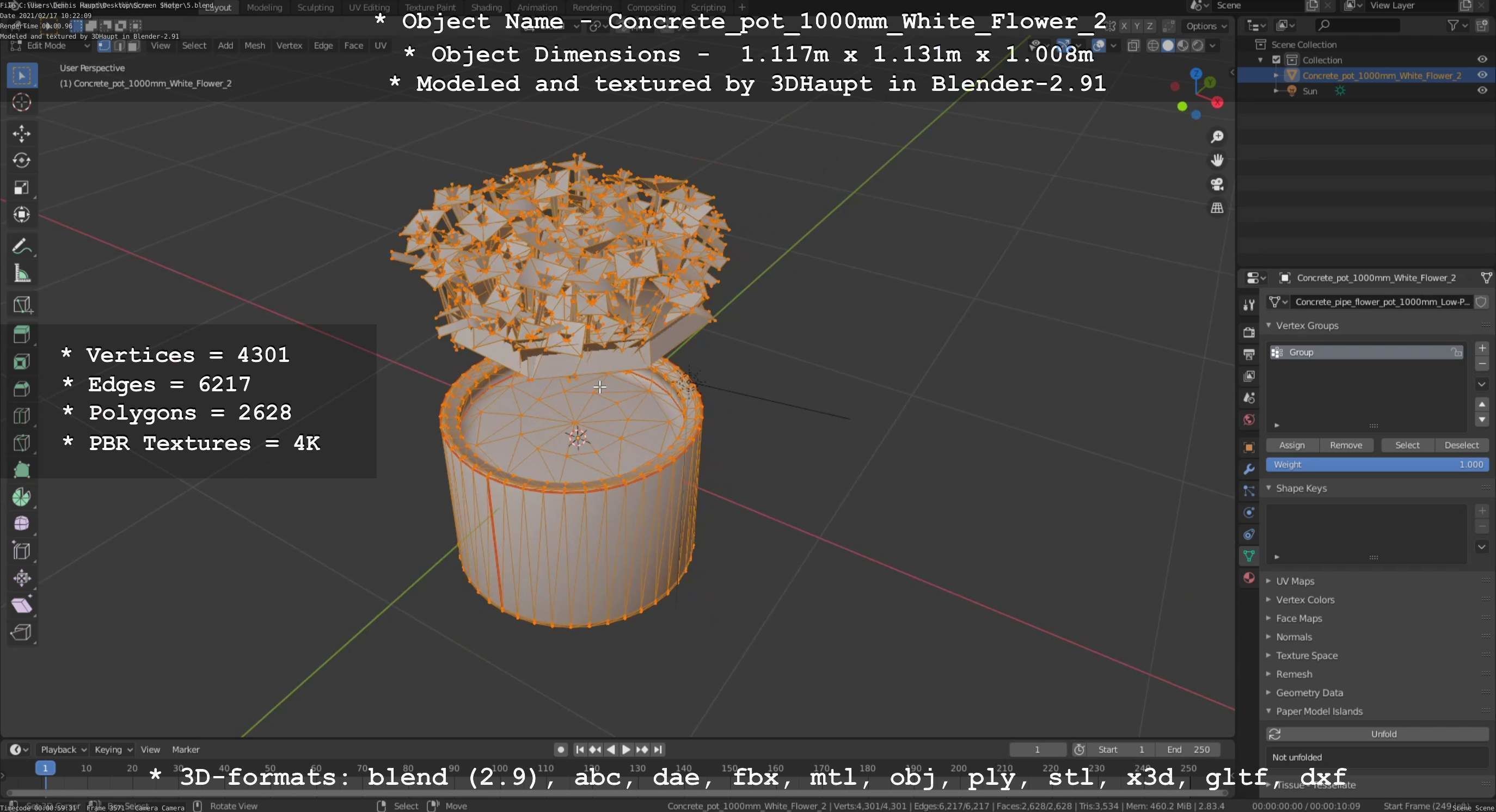 Concrete Pipe Pot 1000mm with White Version 2 Low-poly 3D model_81