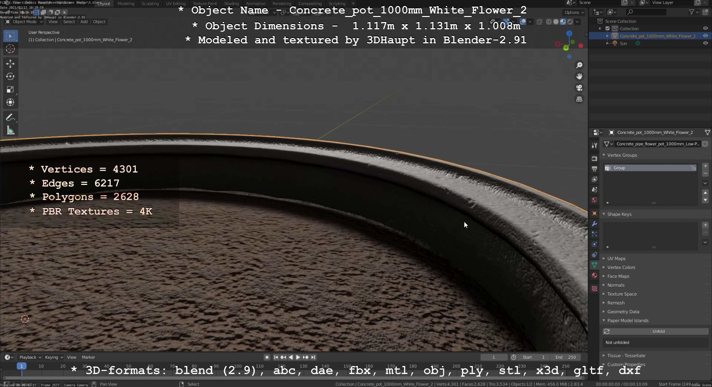 Concrete Pipe Pot 1000mm with White Version 2 Low-poly 3D model_54