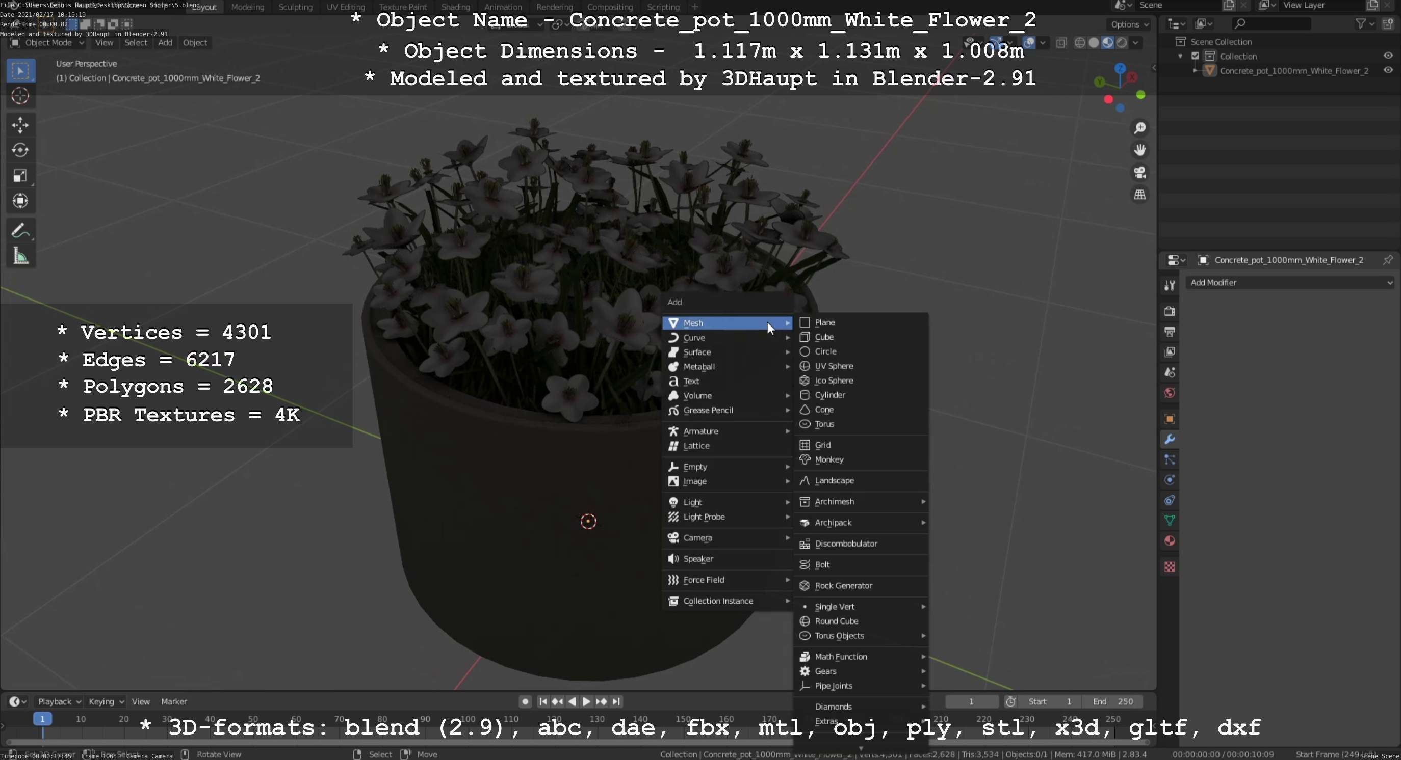 Concrete Pipe Pot 1000mm with White Version 2 Low-poly 3D model_29