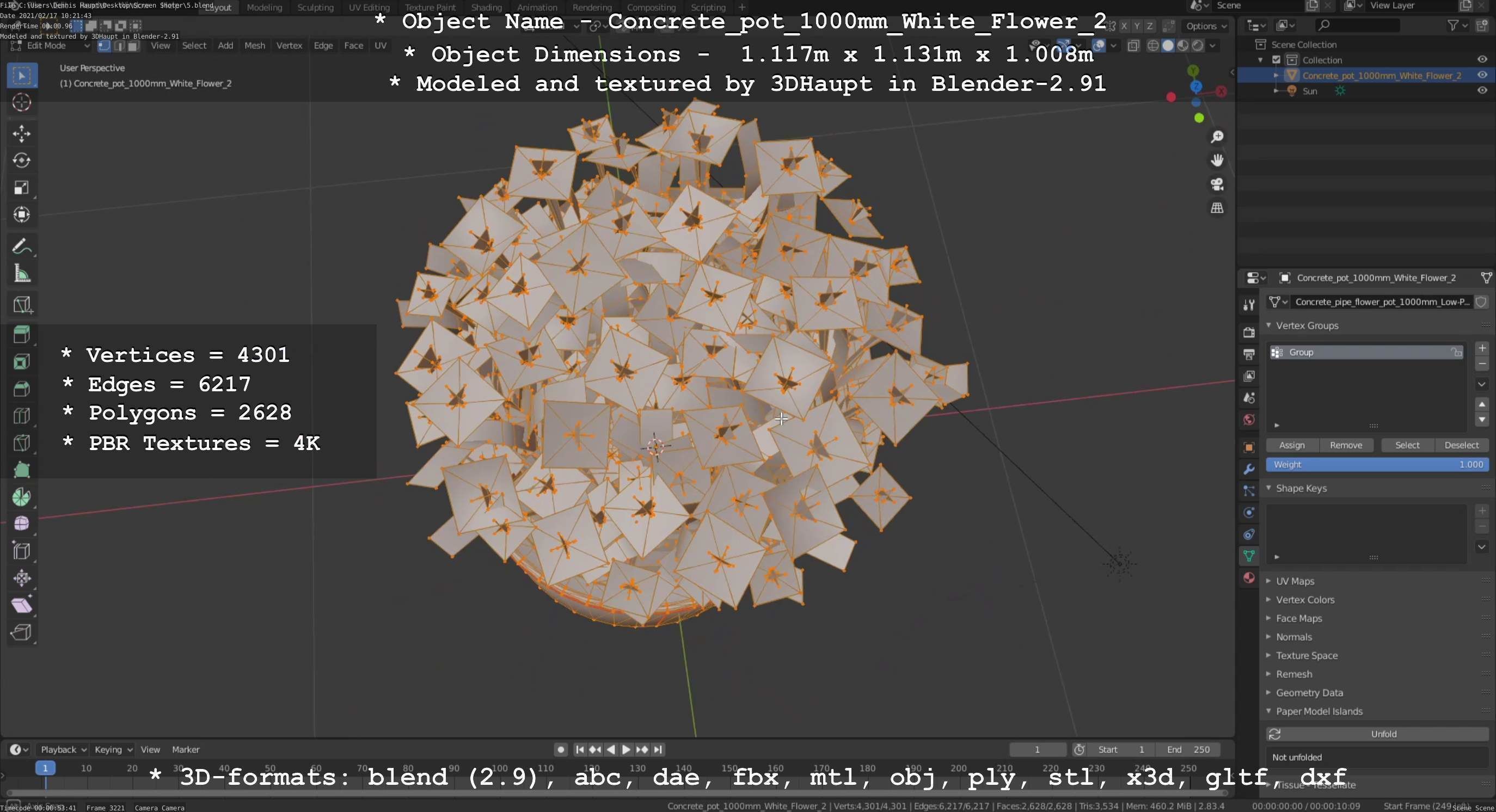 Concrete Pipe Pot 1000mm with White Version 2 Low-poly 3D model_74