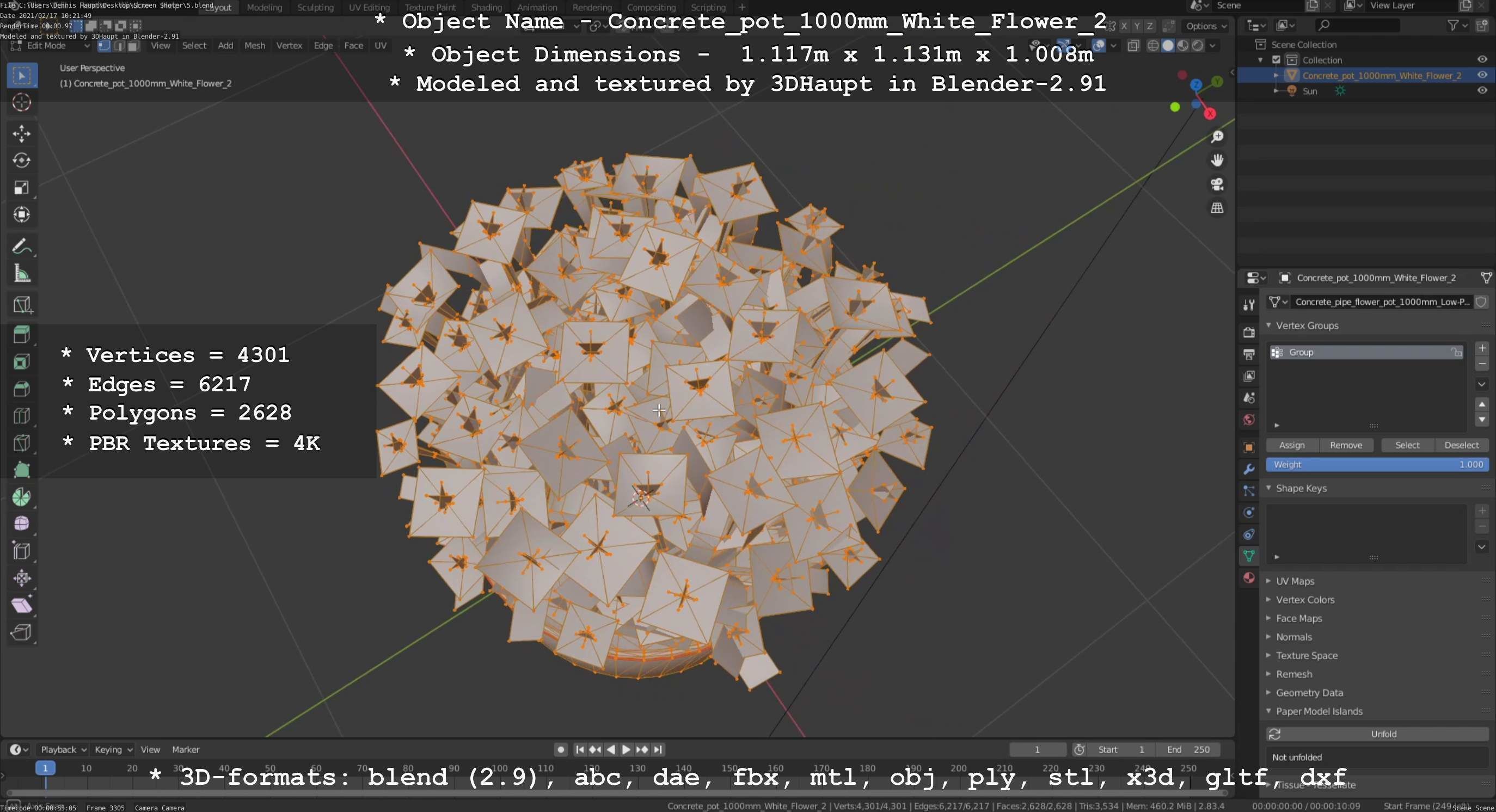 Concrete Pipe Pot 1000mm with White Version 2 Low-poly 3D model_17