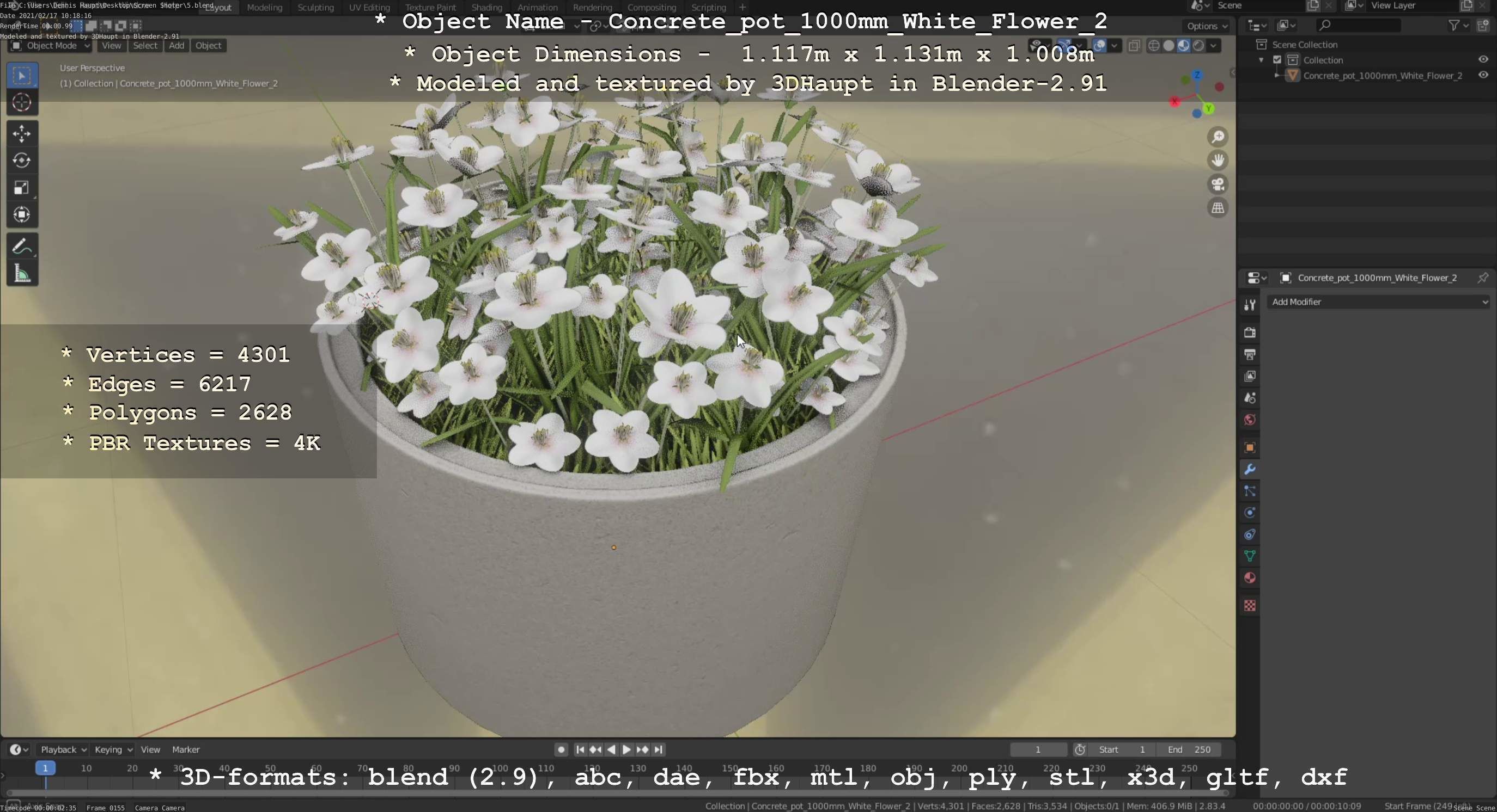 Concrete Pipe Pot 1000mm with White Version 2 Low-poly 3D model_103