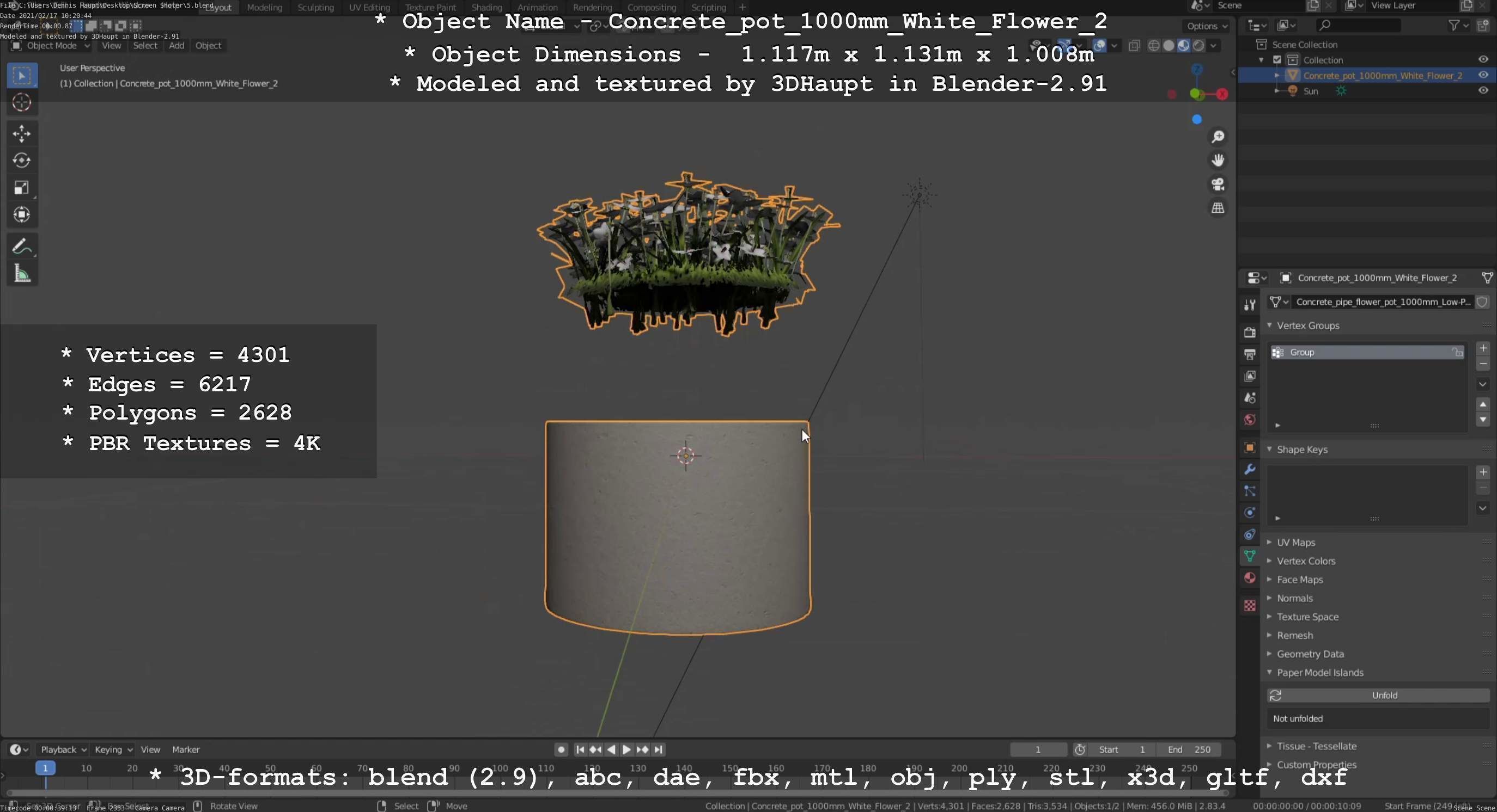 Concrete Pipe Pot 1000mm with White Version 2 Low-poly 3D model_45