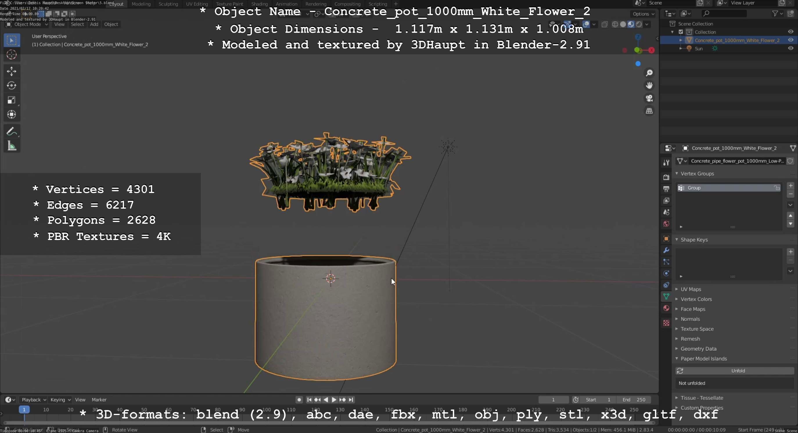 Concrete Pipe Pot 1000mm with White Version 2 Low-poly 3D model_42