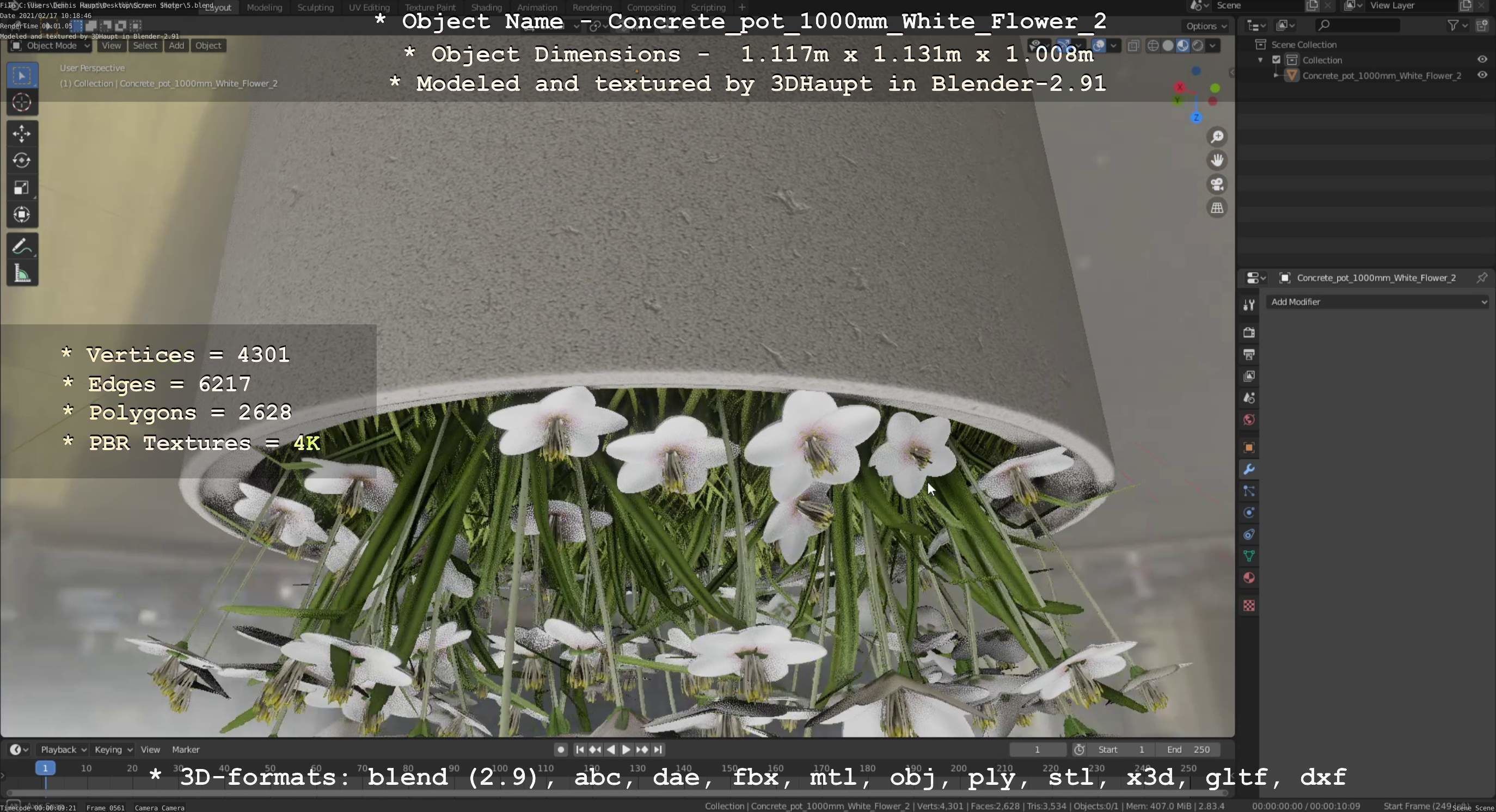 Concrete Pipe Pot 1000mm with White Version 2 Low-poly 3D model_113