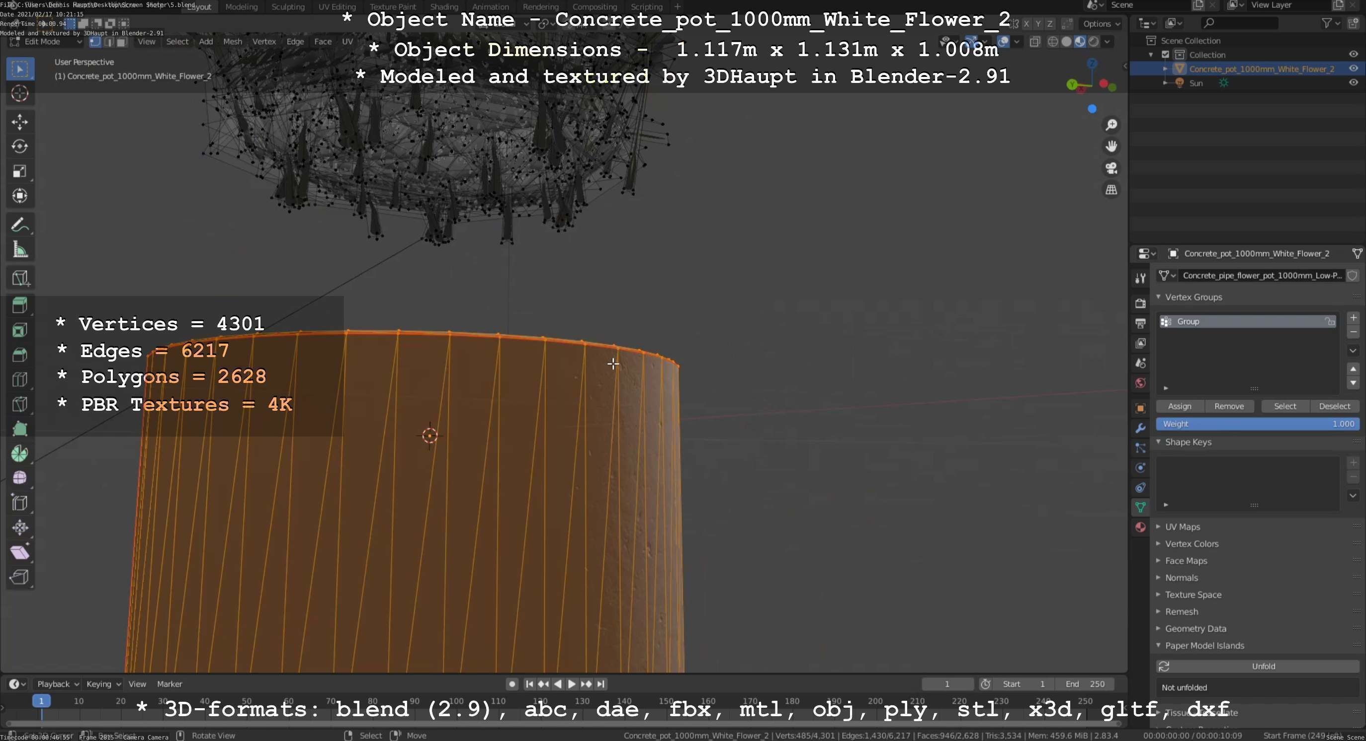 Concrete Pipe Pot 1000mm with White Version 2 Low-poly 3D model_57