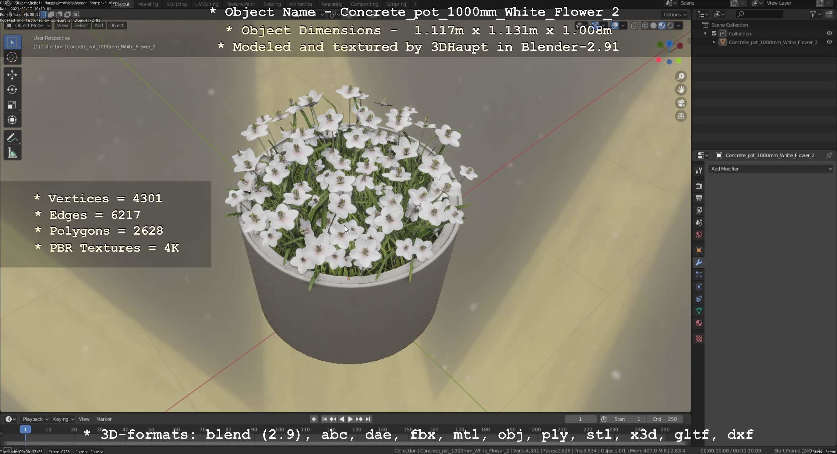 Concrete Pipe Pot 1000mm with White Version 2 Low-poly 3D model_121